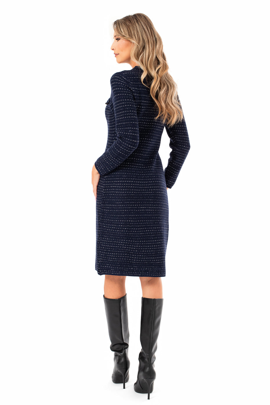 Rochie Midi cu Buzunare si Nasturi din Strasuri