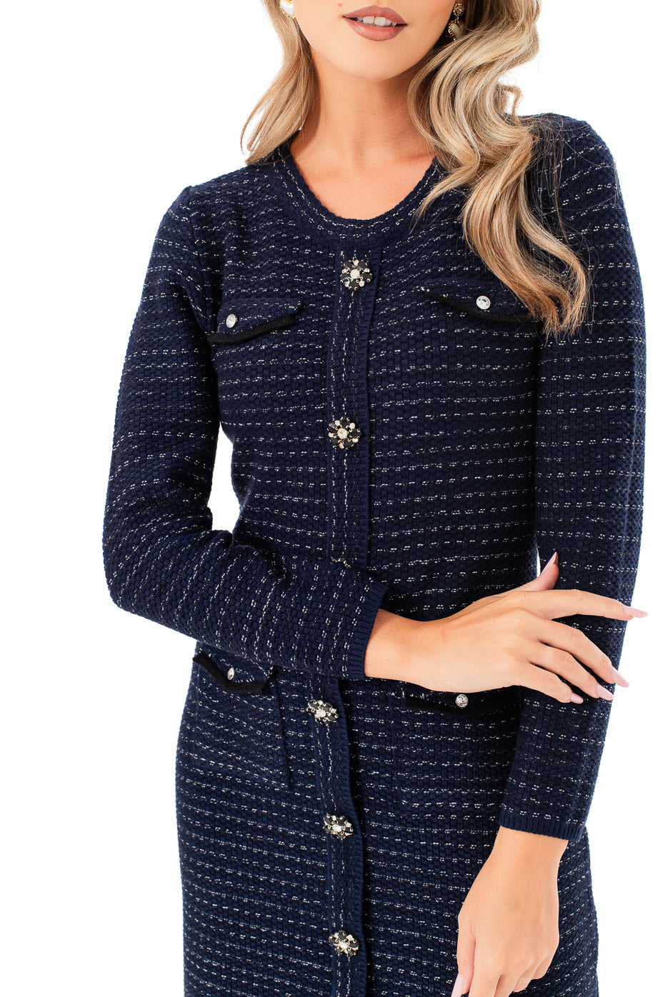 Rochie Midi cu Buzunare si Nasturi din Strasuri