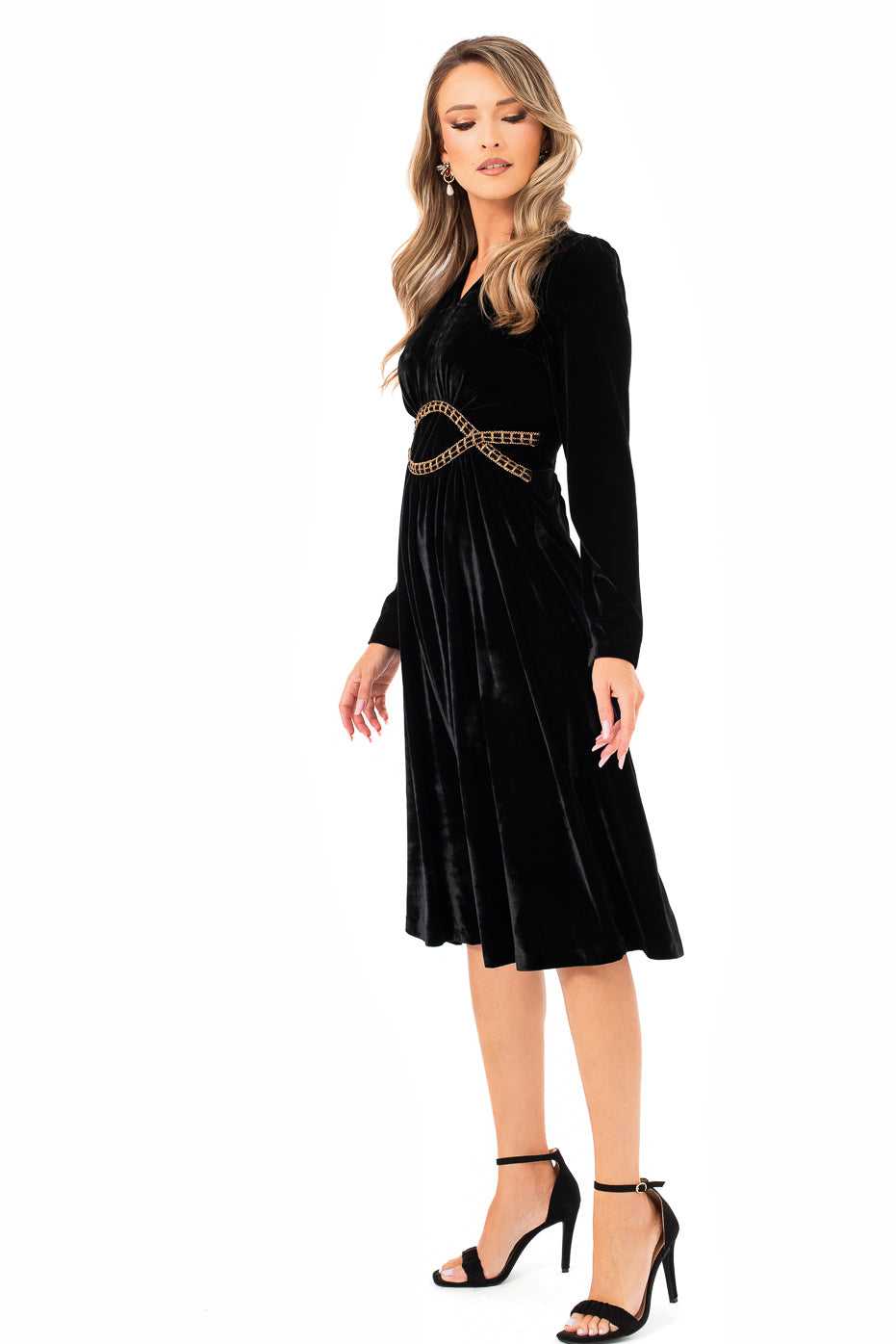 Rochie Neagra din Catifea cu Detalii Aurii