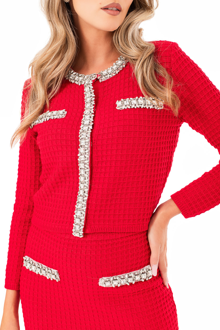 Set din Tricot cu Fusta cu Volan si Jacheta cu Strasuri