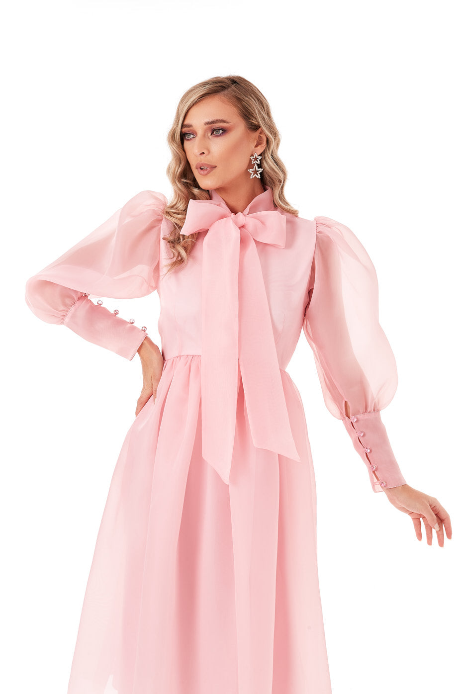 Rochie din Organza cu Nasturi si Maneci Ample