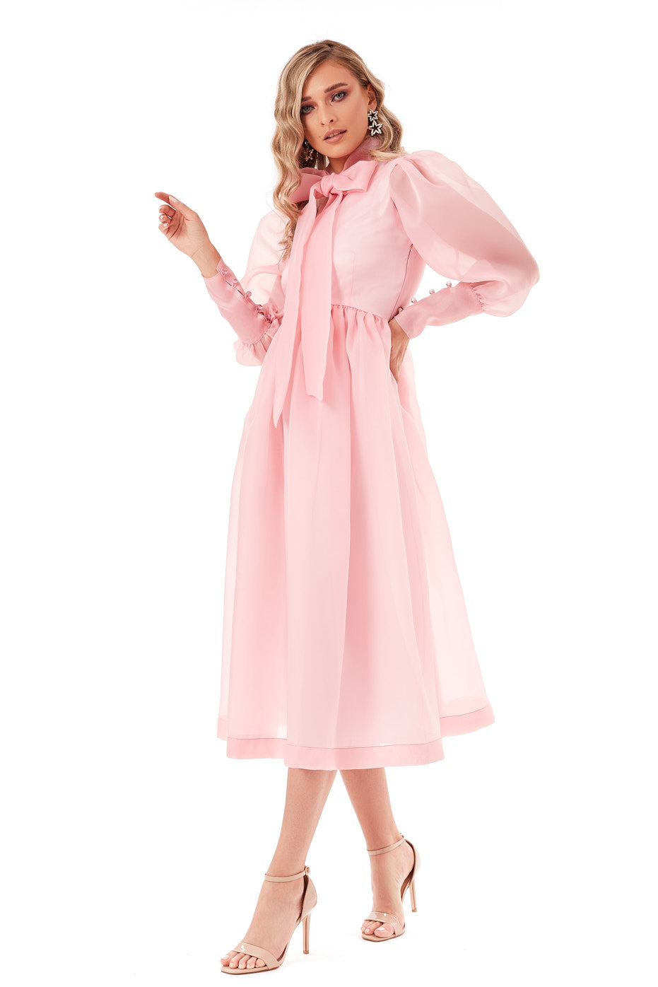 Rochie din Organza cu Nasturi si Maneci Ample