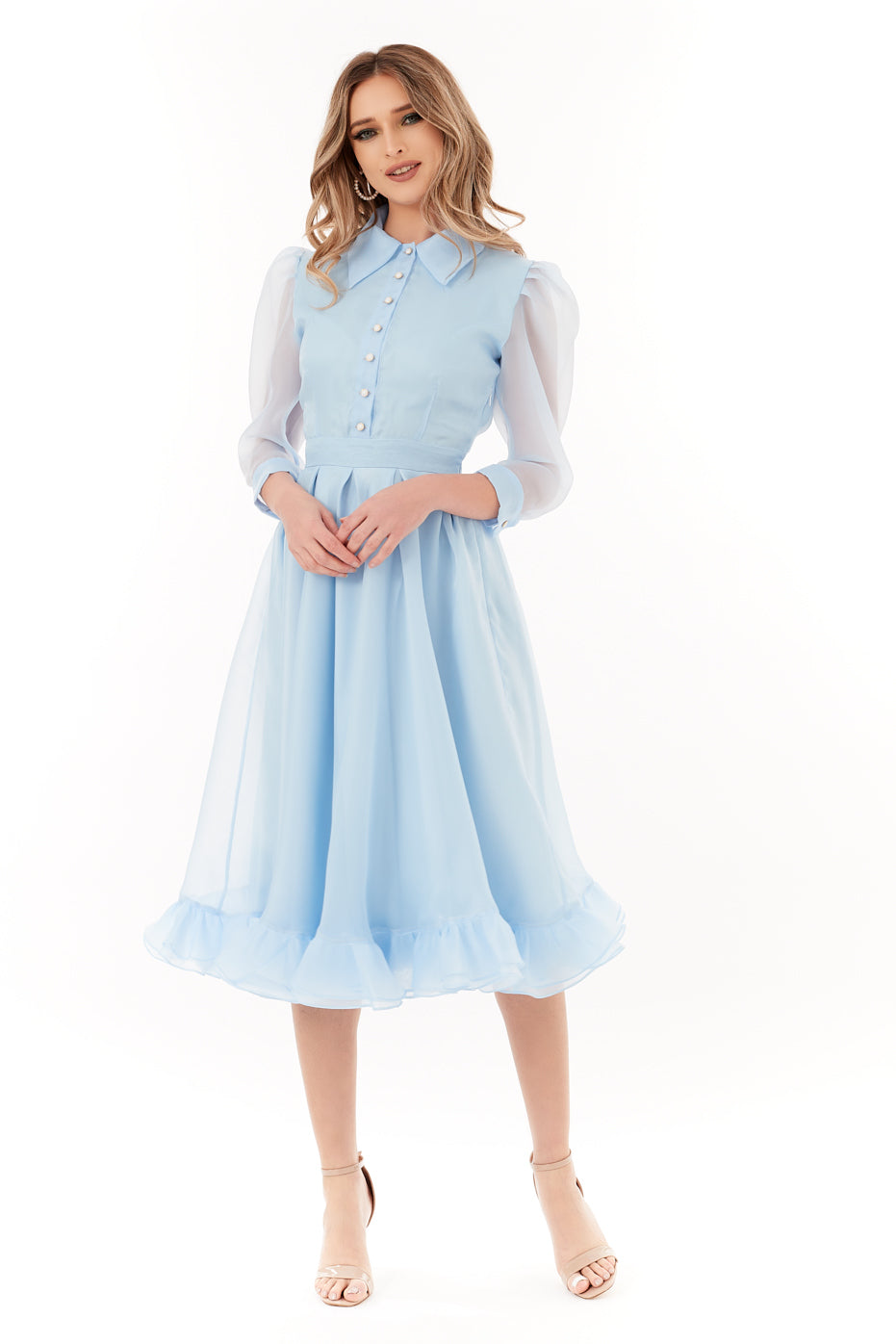 Rochie din Organza Bleu cu Guler si Volane