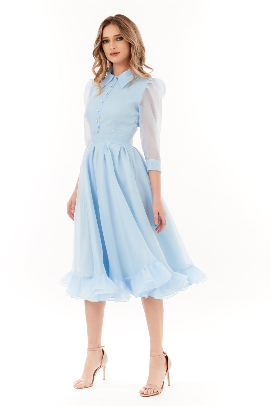 Rochie din Organza Bleu cu Guler si Volane