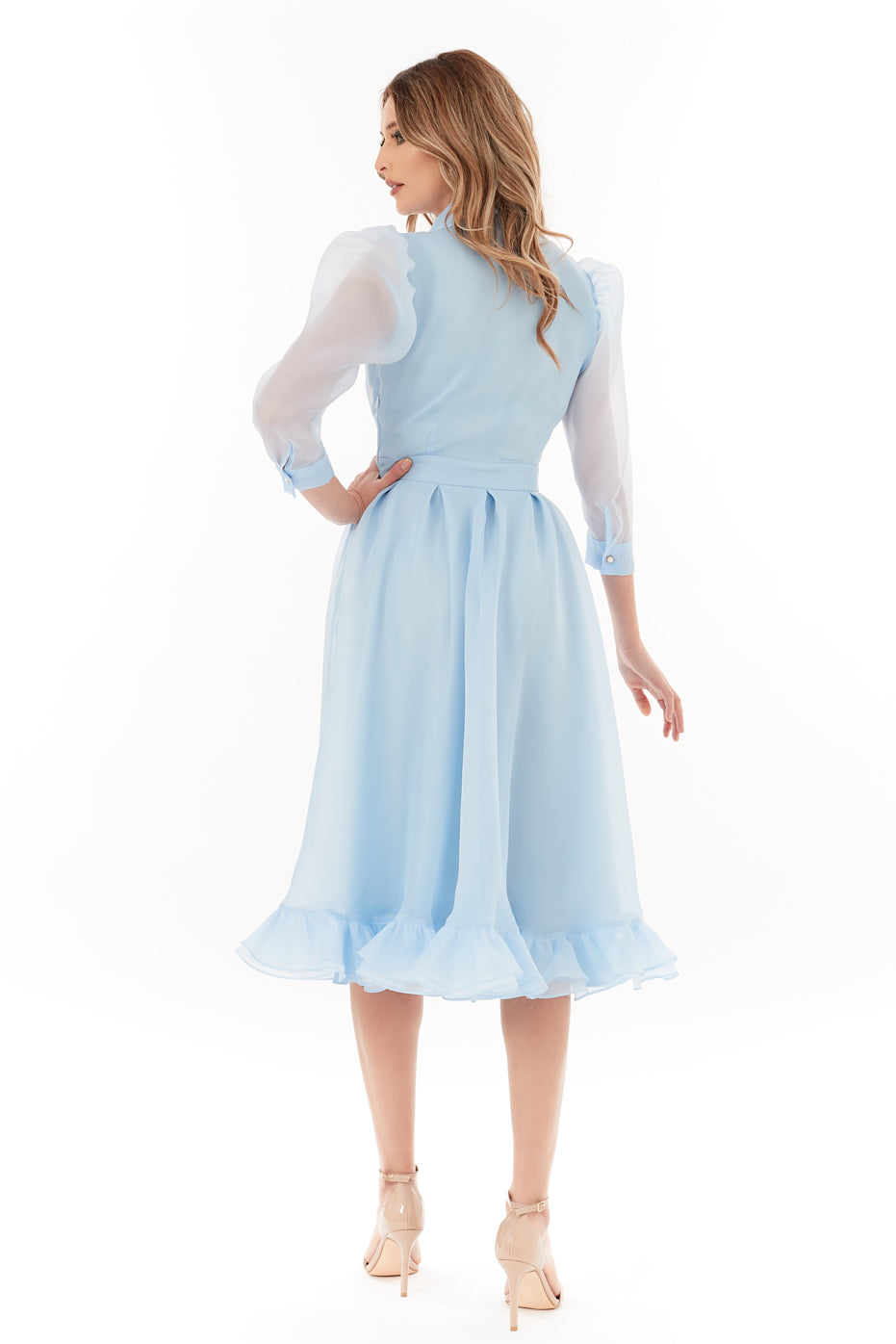 Rochie din Organza Bleu cu Guler si Volane