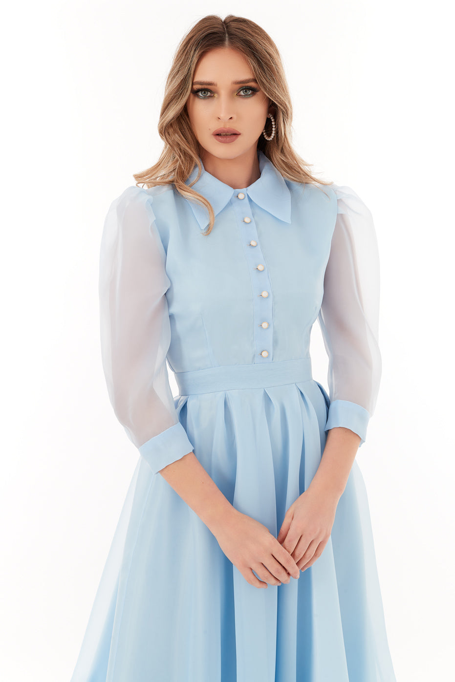 Rochie din Organza Bleu cu Guler si Volane