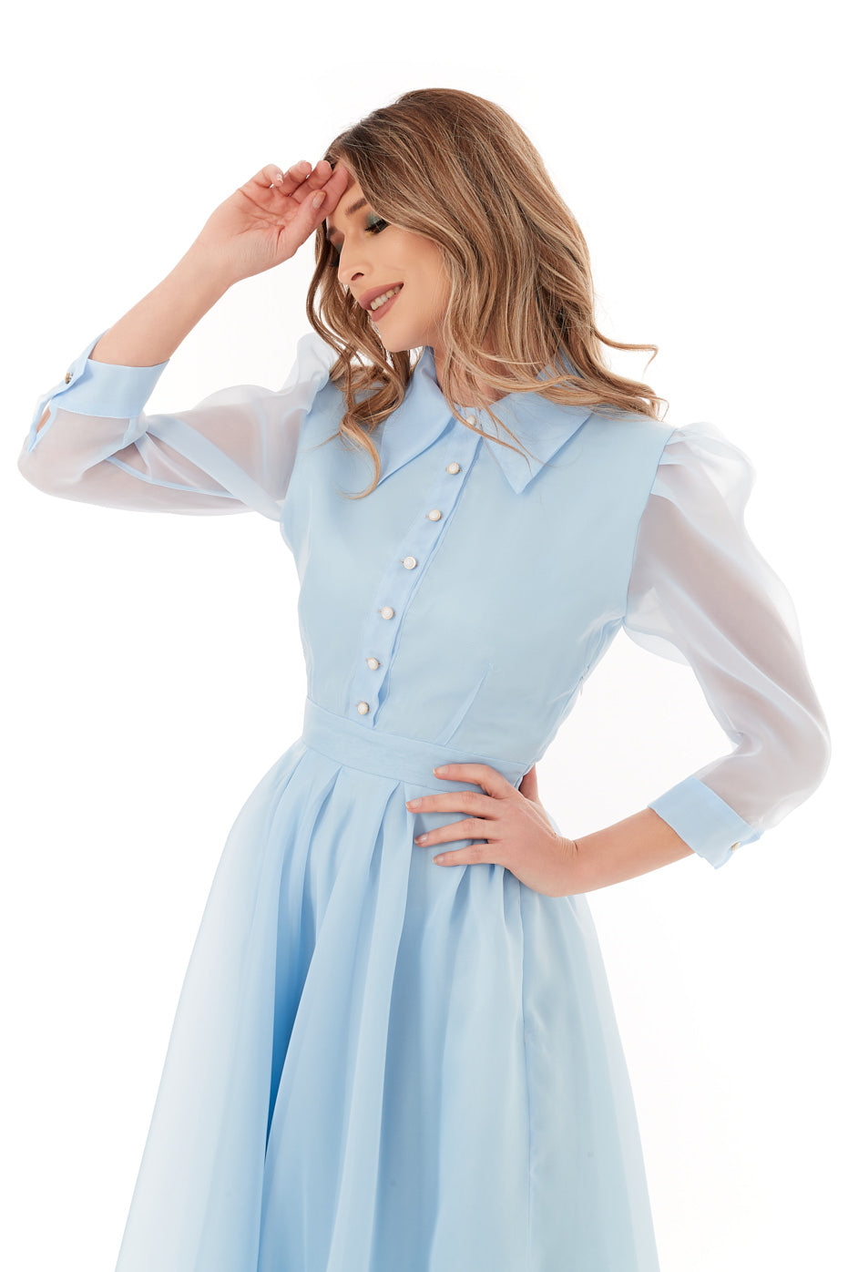 Rochie din Organza Bleu cu Guler si Volane