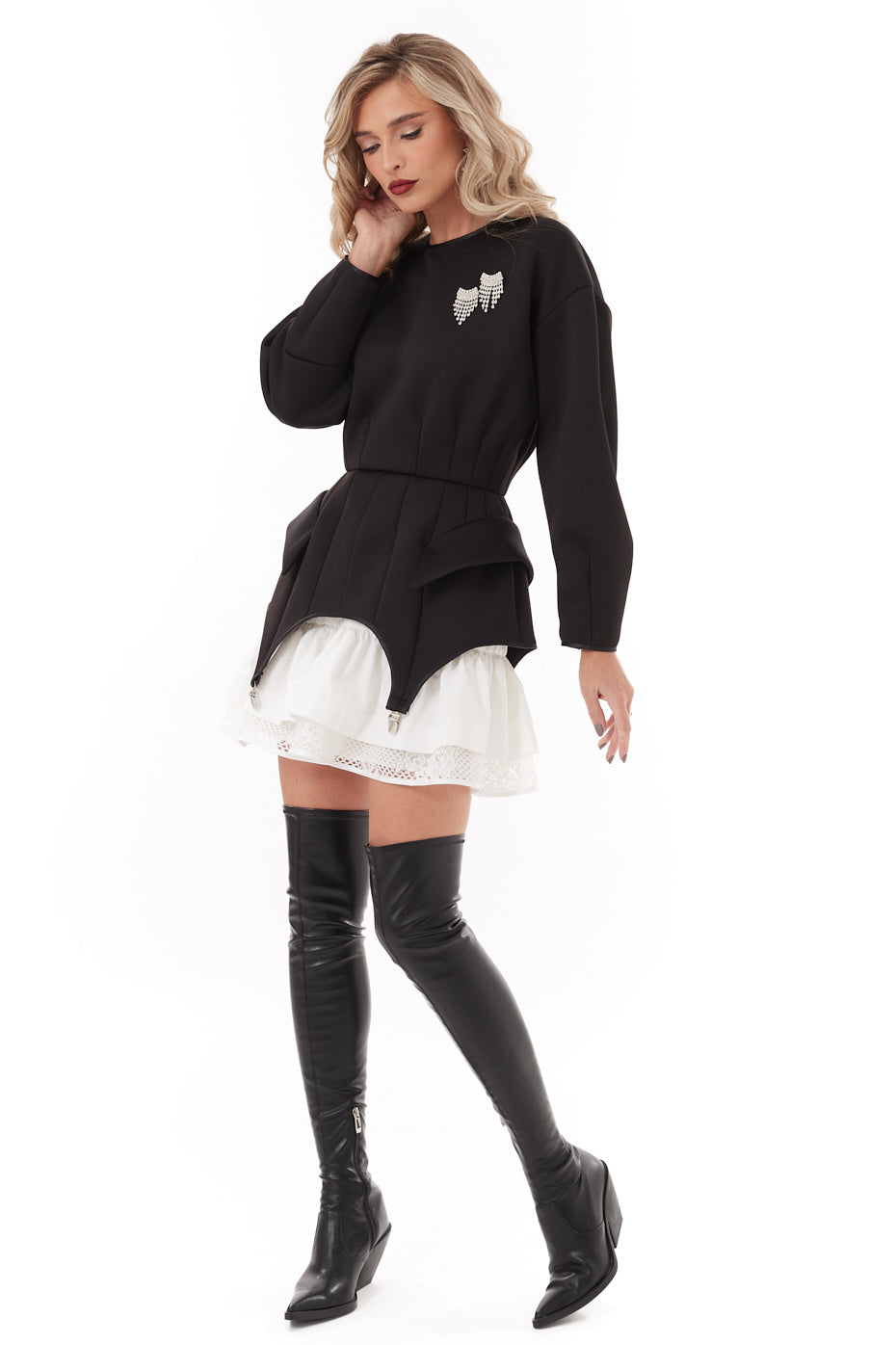 Rochie Neagra din Neopren cu Strasuri si Detalii din Dantela