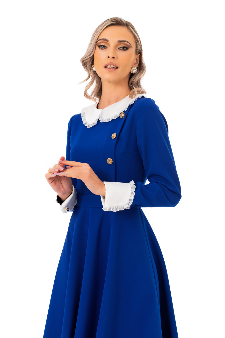 Rochie Midi Cu Guler Alb Si Mansete