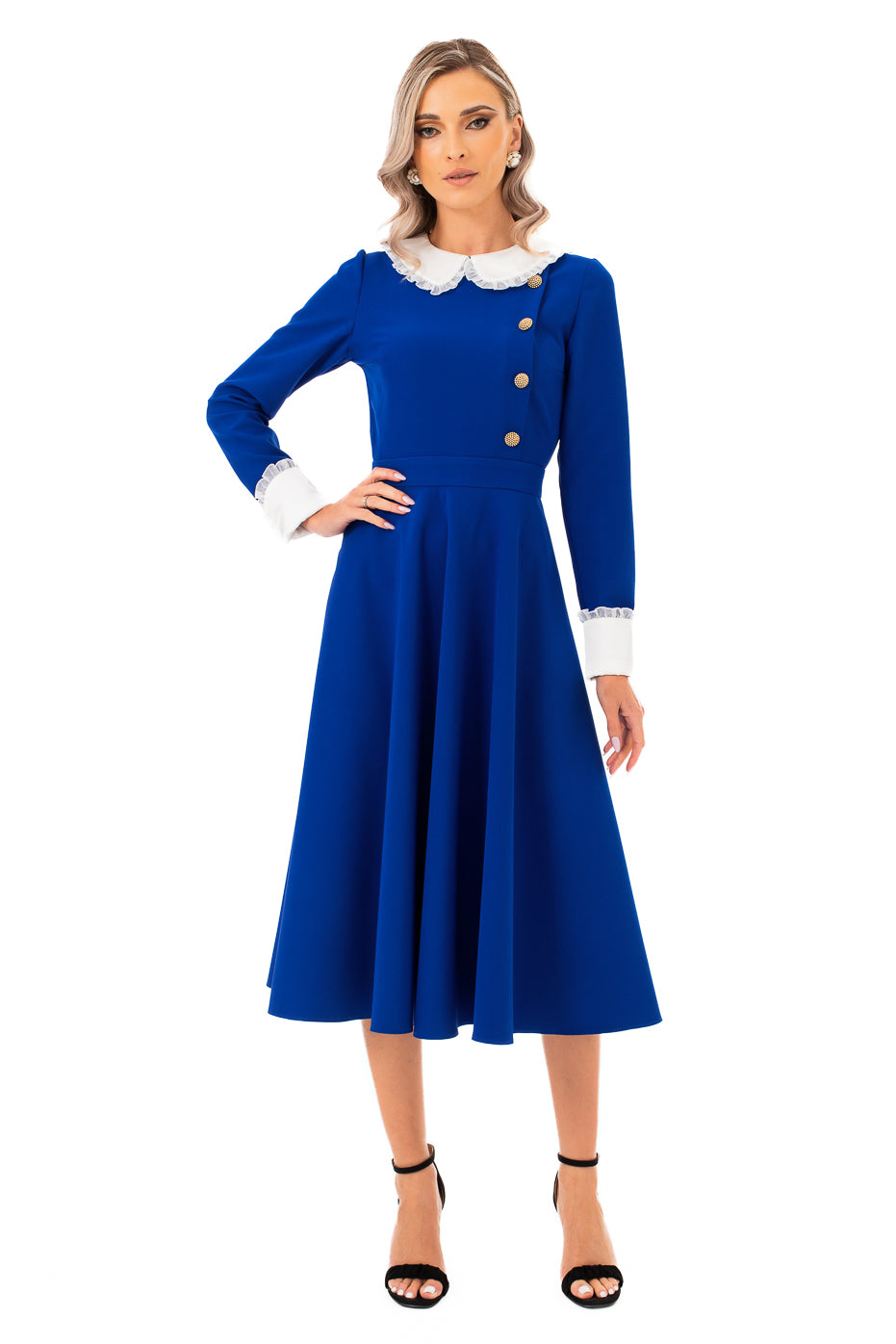 Rochie Midi Cu Guler Alb Si Mansete