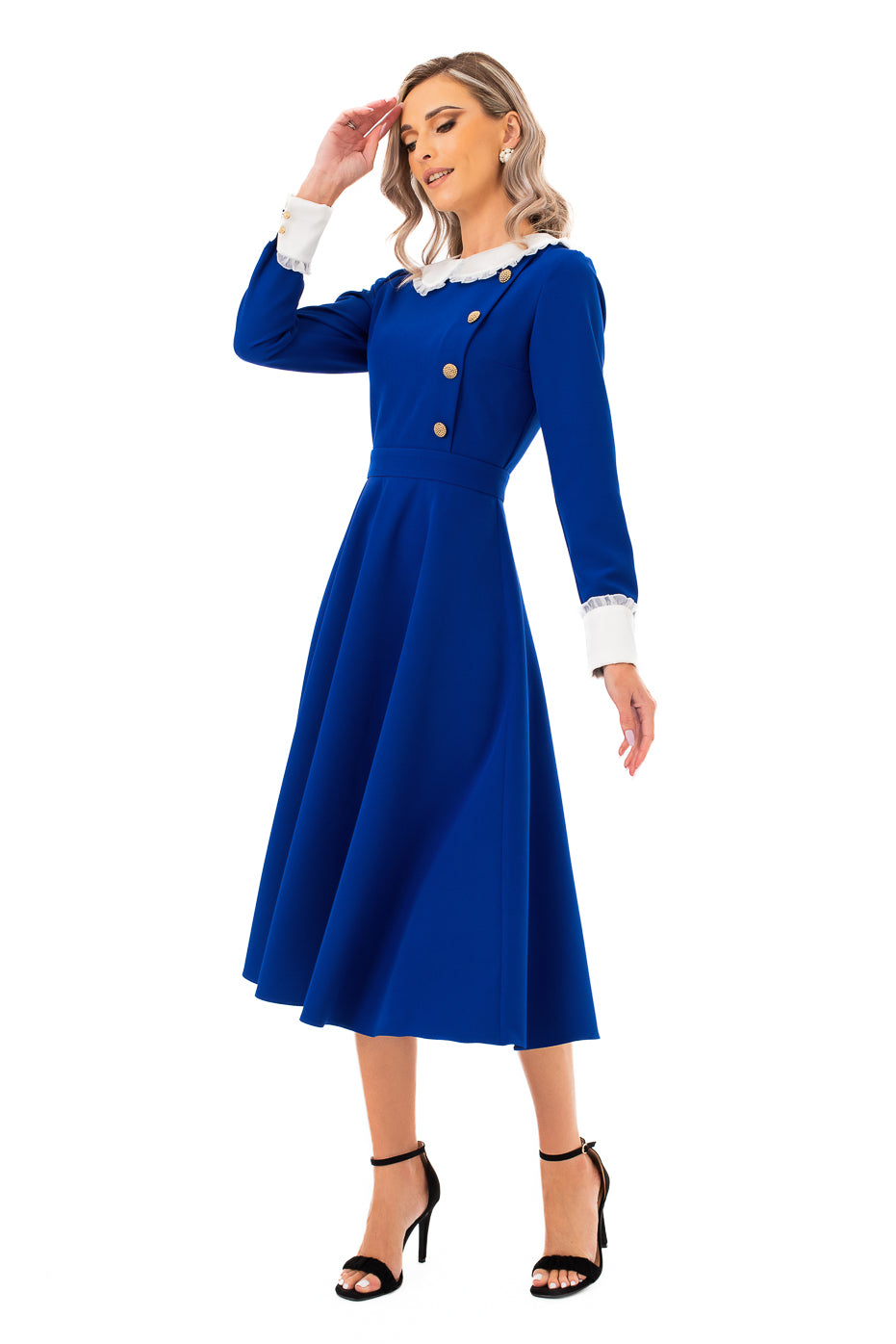 Rochie Midi Cu Guler Alb Si Mansete