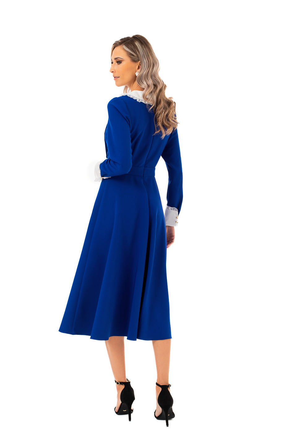 Rochie Midi Cu Guler Alb Si Mansete