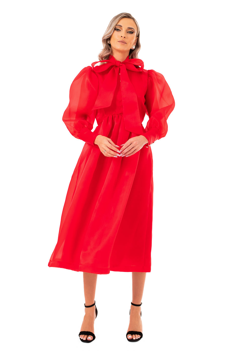 Rochie din Organza Rosie cu Nasturi si Maneci Ample