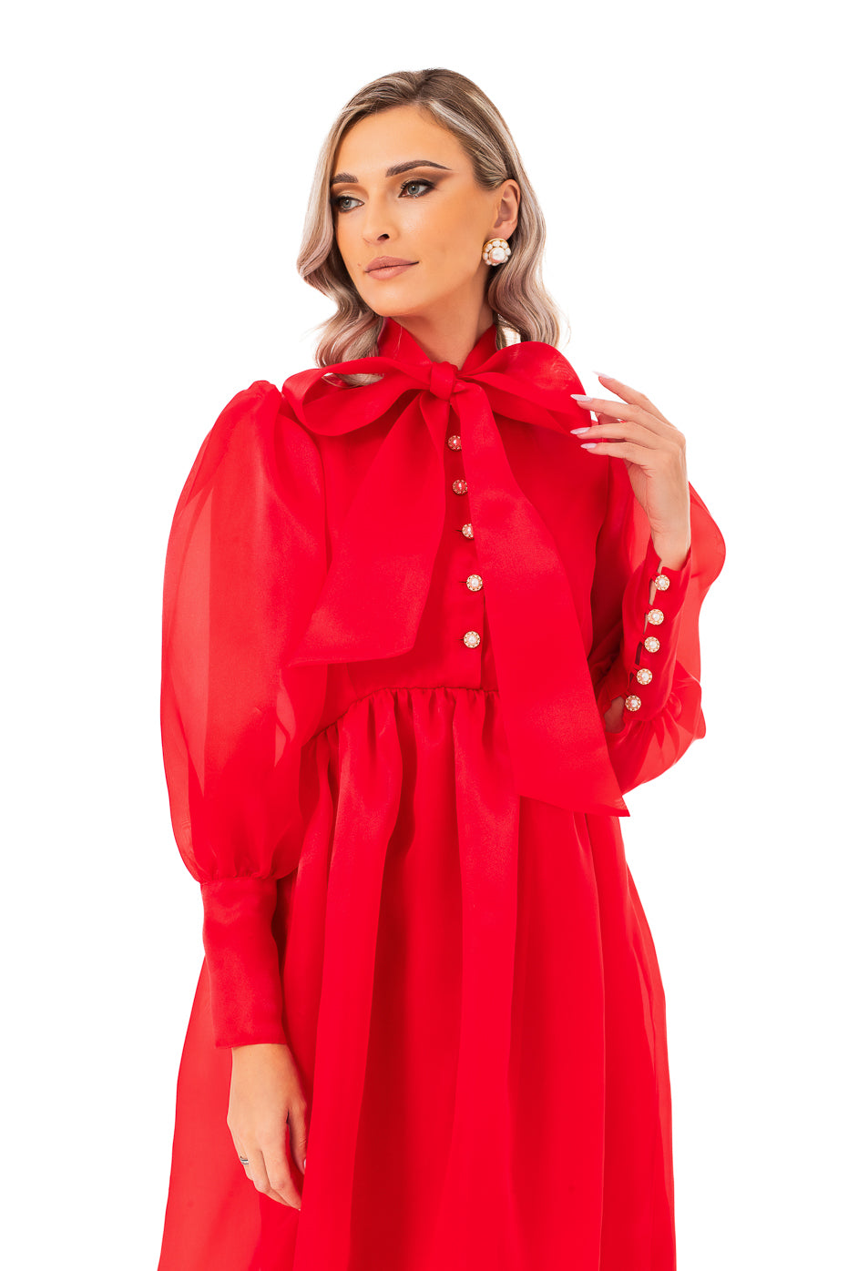 Rochie din Organza Rosie cu Nasturi si Maneci Ample