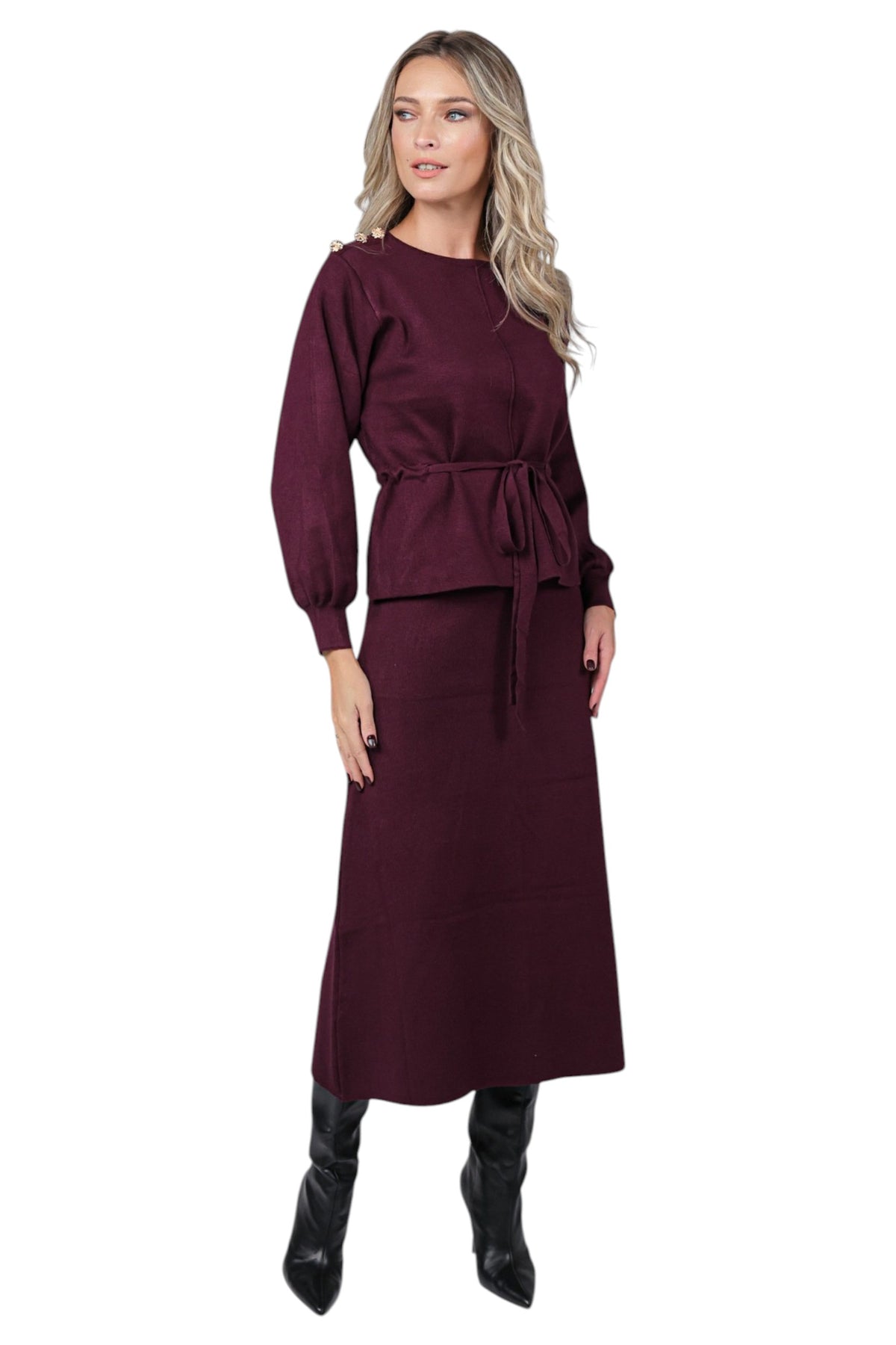 Compleu cu Fusta Midi si Bluza cu Cordon in Talie