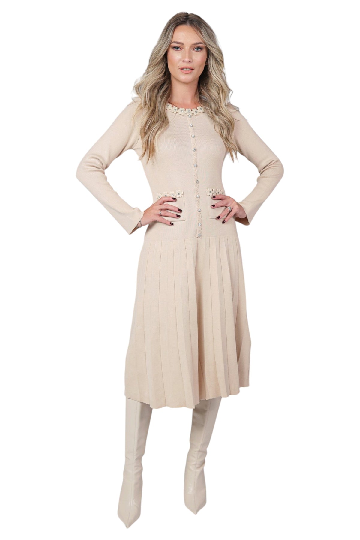 Rochie Bej din Tricot cu Pliseu