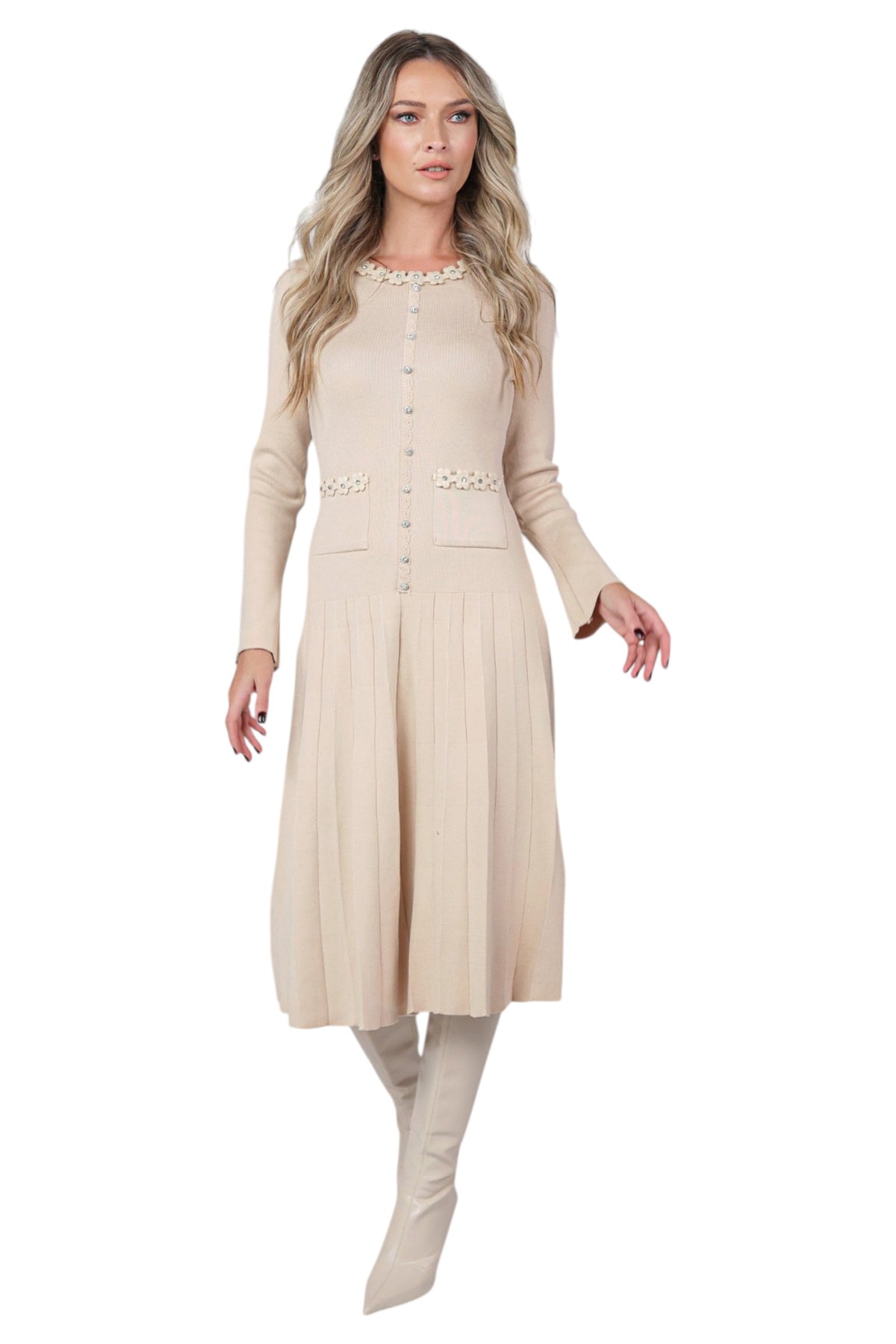 Rochie Bej din Tricot cu Pliseu