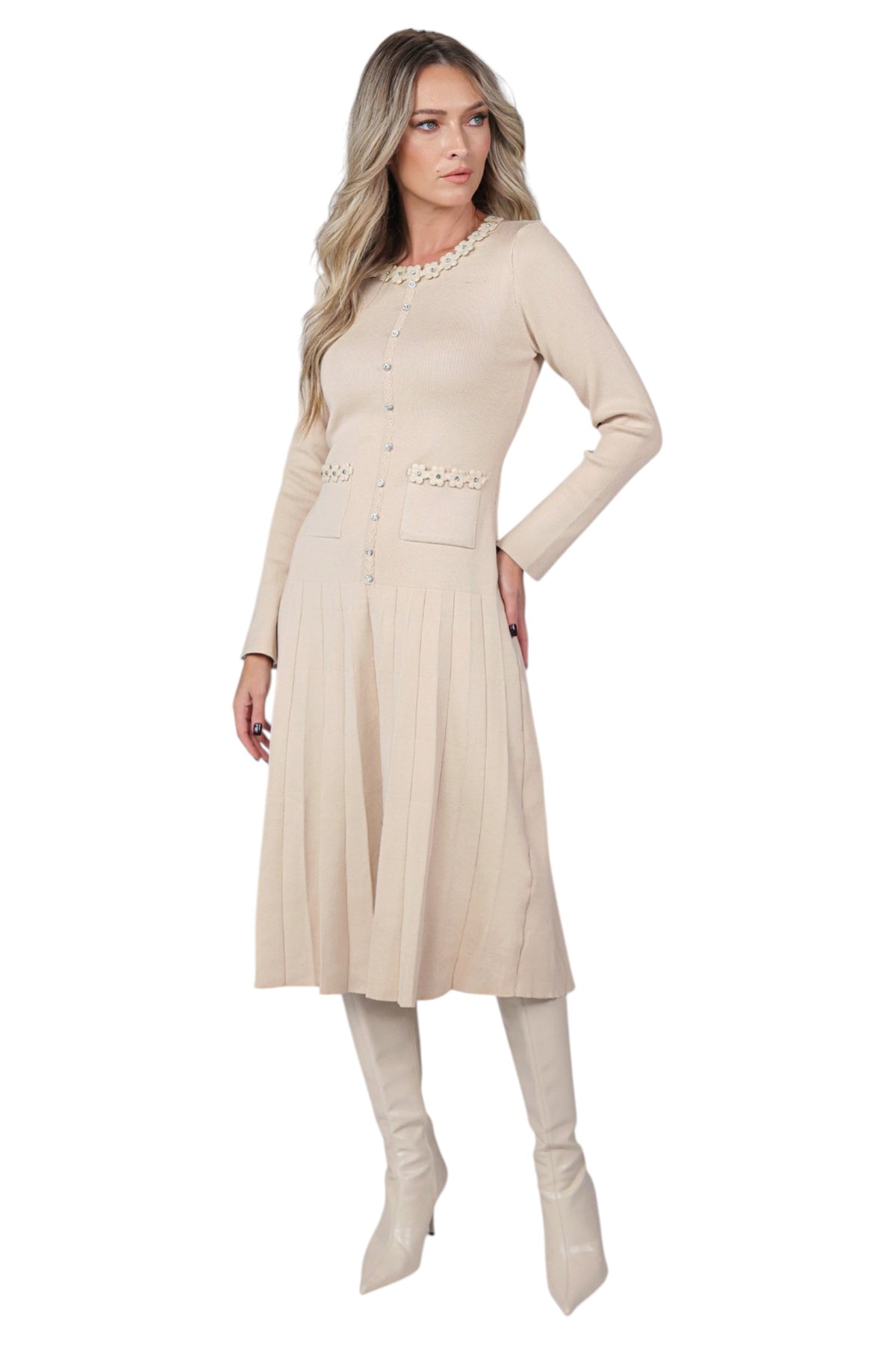 Rochie Bej din Tricot cu Pliseu