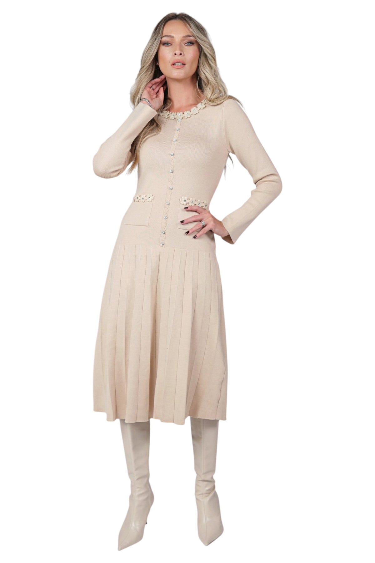 Rochie Bej din Tricot cu Pliseu