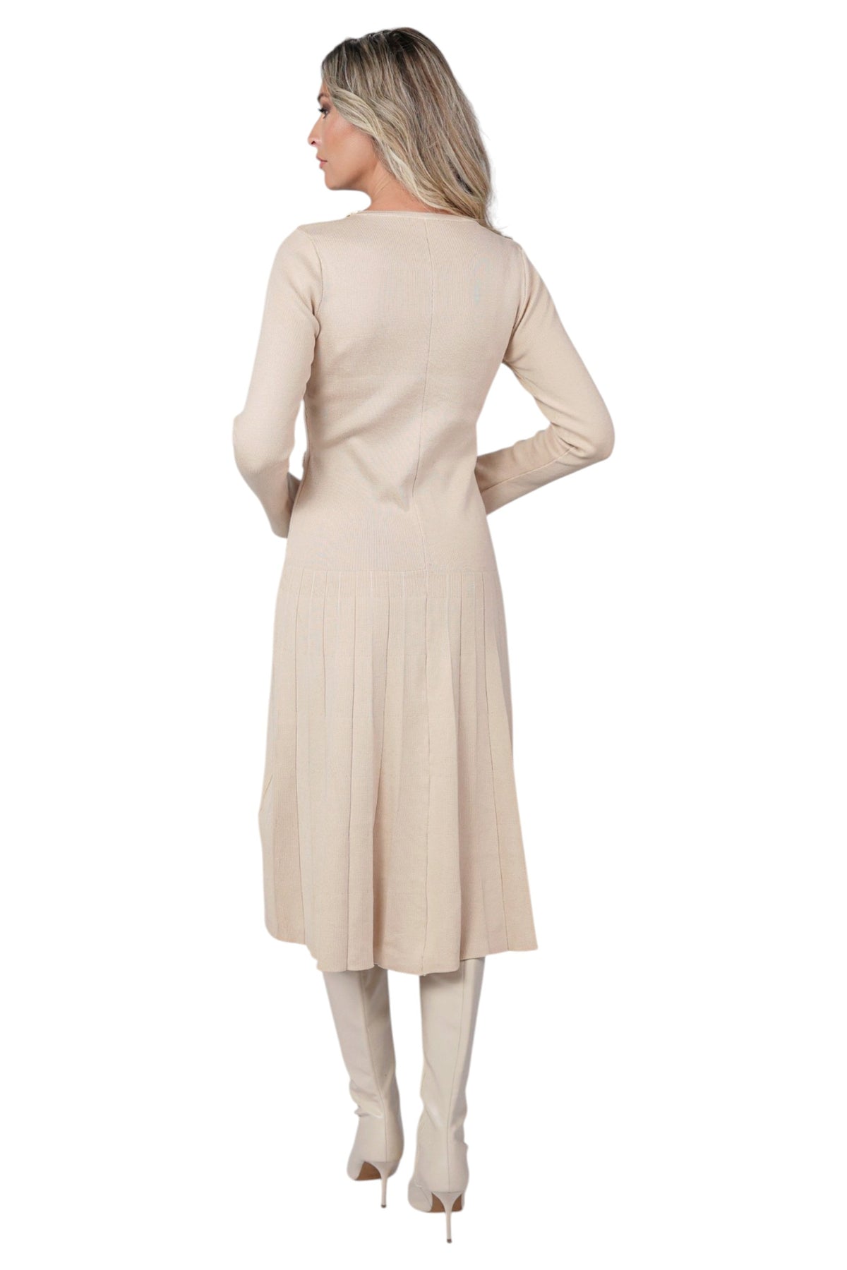 Rochie Bej din Tricot cu Pliseu