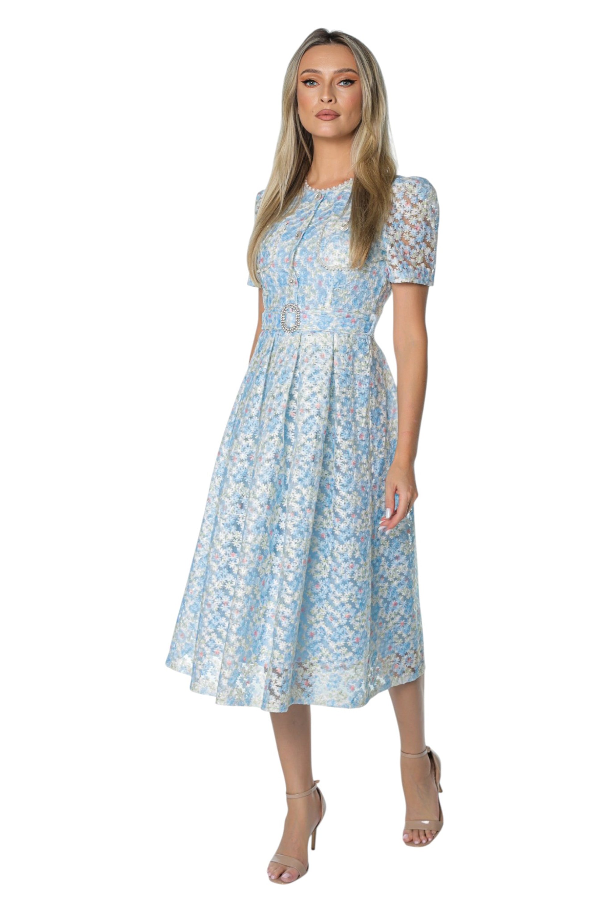 Rochie Bleu din Broderie pe Organza