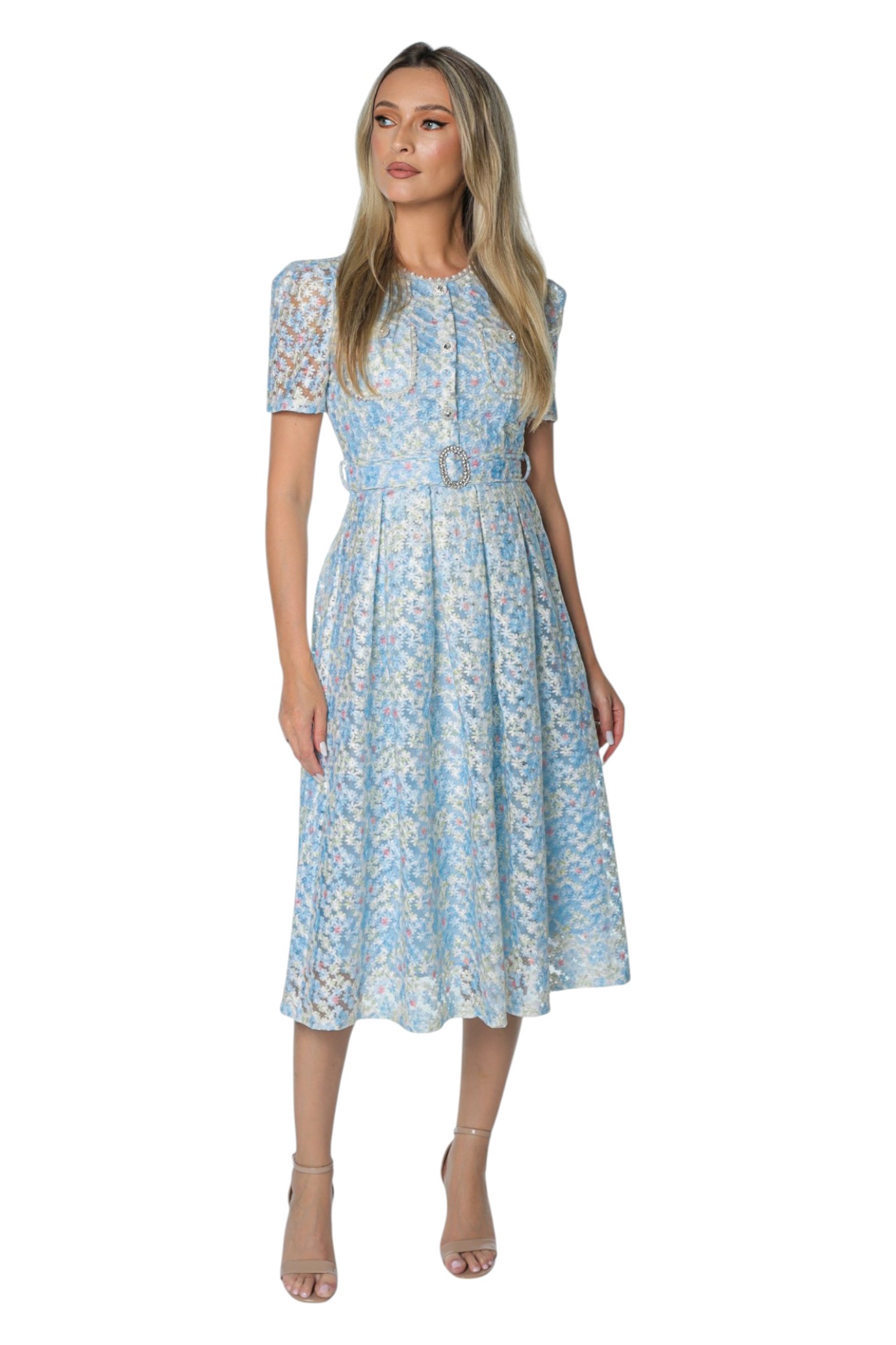 Rochie Bleu din Broderie pe Organza