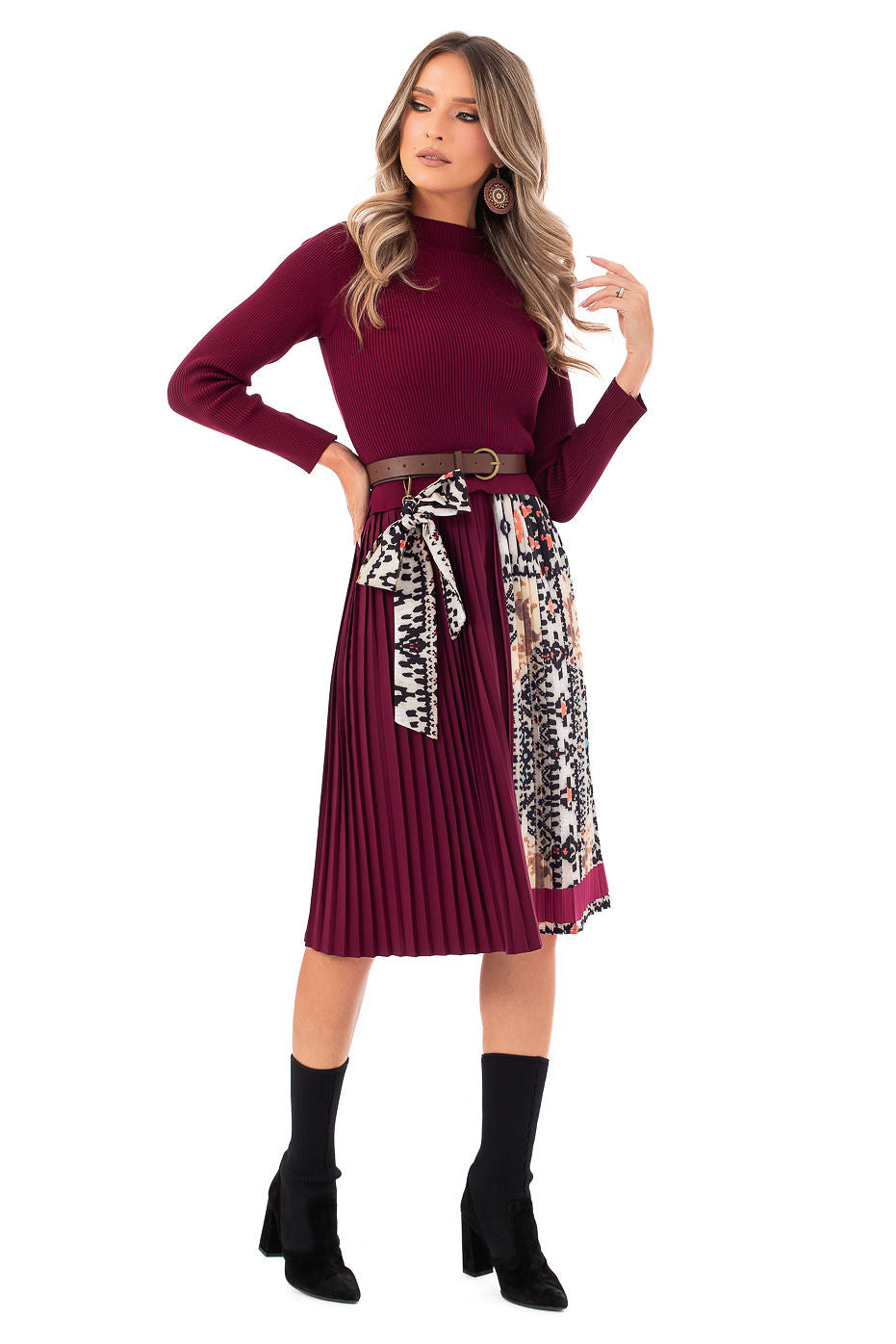 Rochie Burgundy Cu Fusta Plisata- LIMITED EDITION