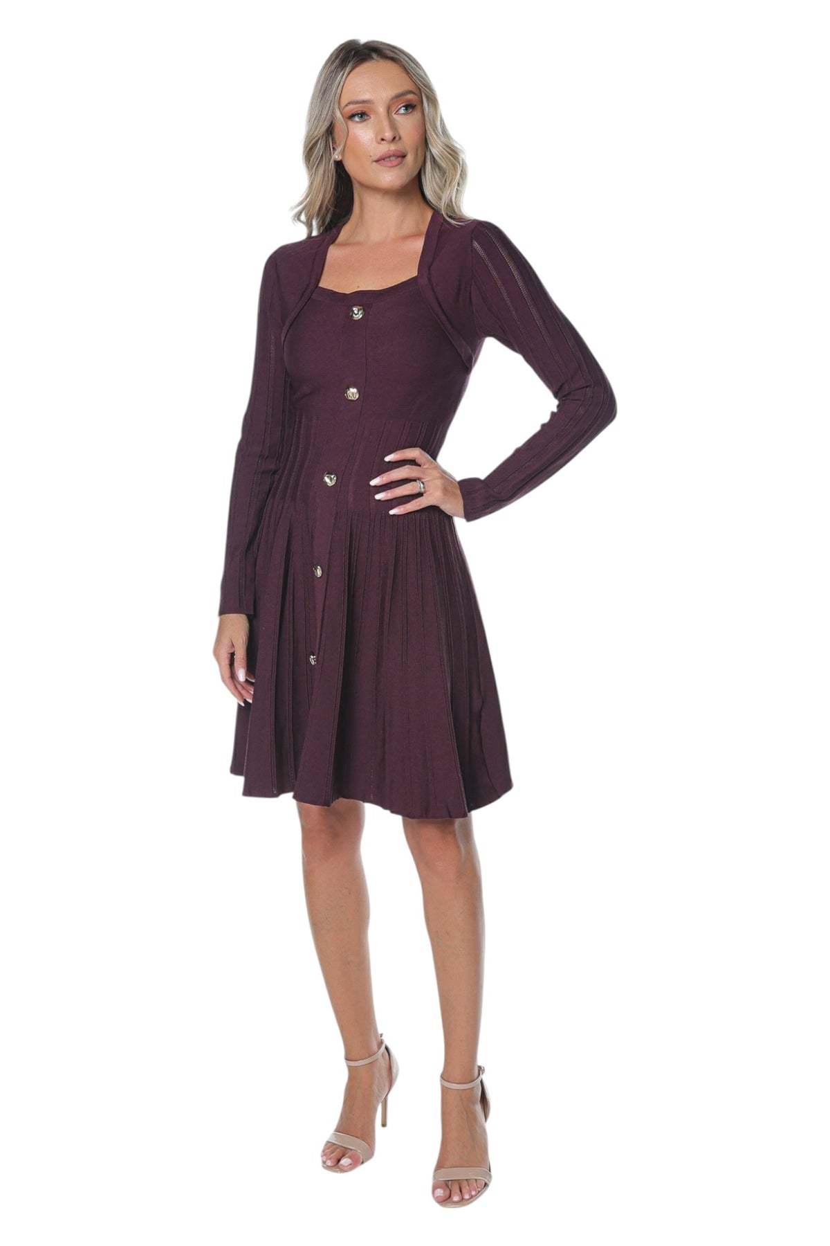 Rochie Casual Burgundy cu Nasturi Aurii
