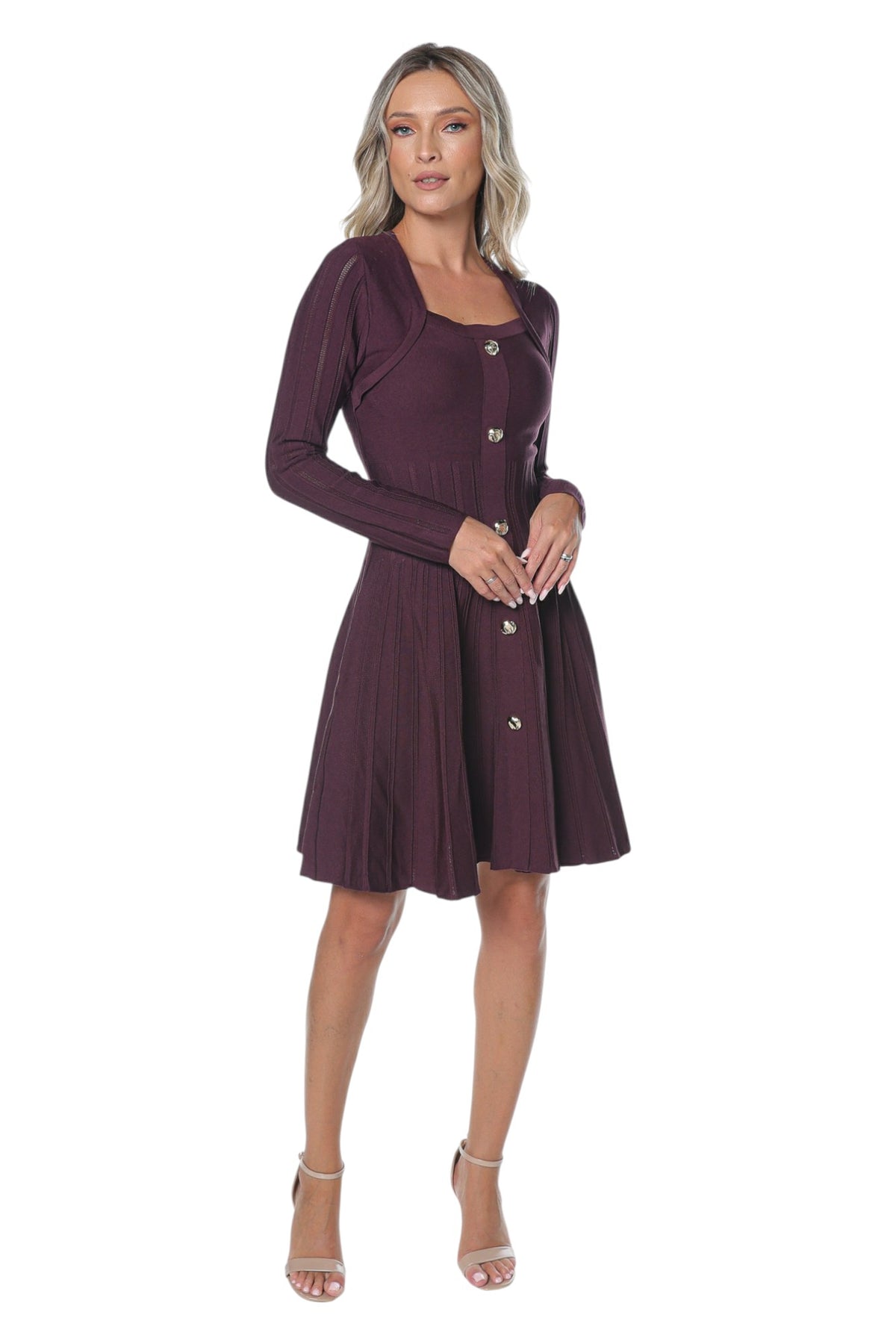 Rochie Casual Burgundy cu Nasturi Aurii