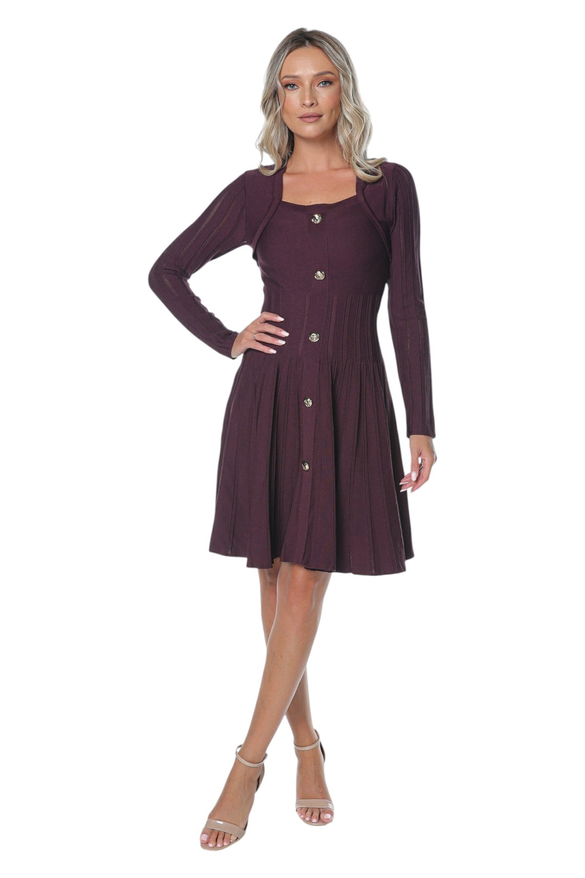 Rochie Casual Burgundy cu Nasturi Aurii