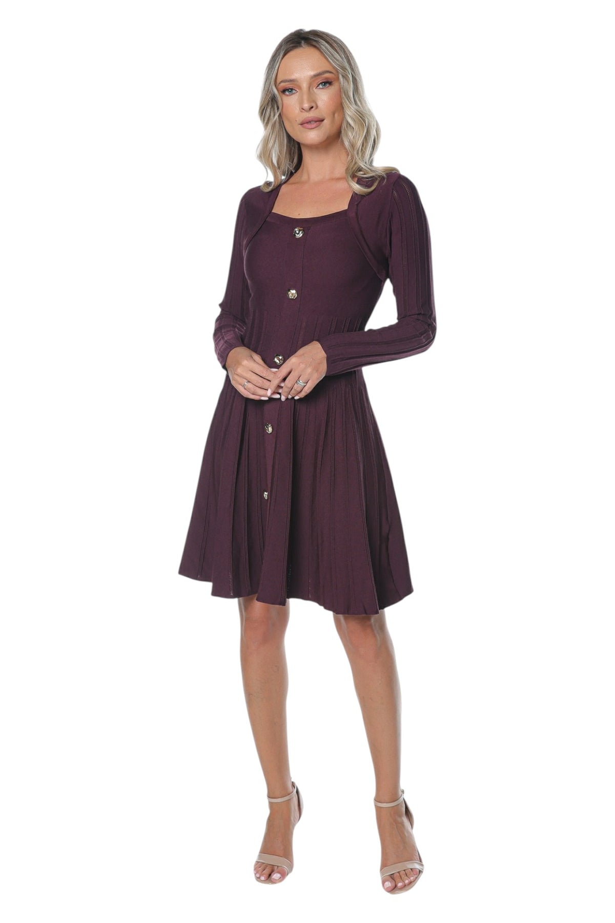 Rochie Casual Burgundy cu Nasturi Aurii