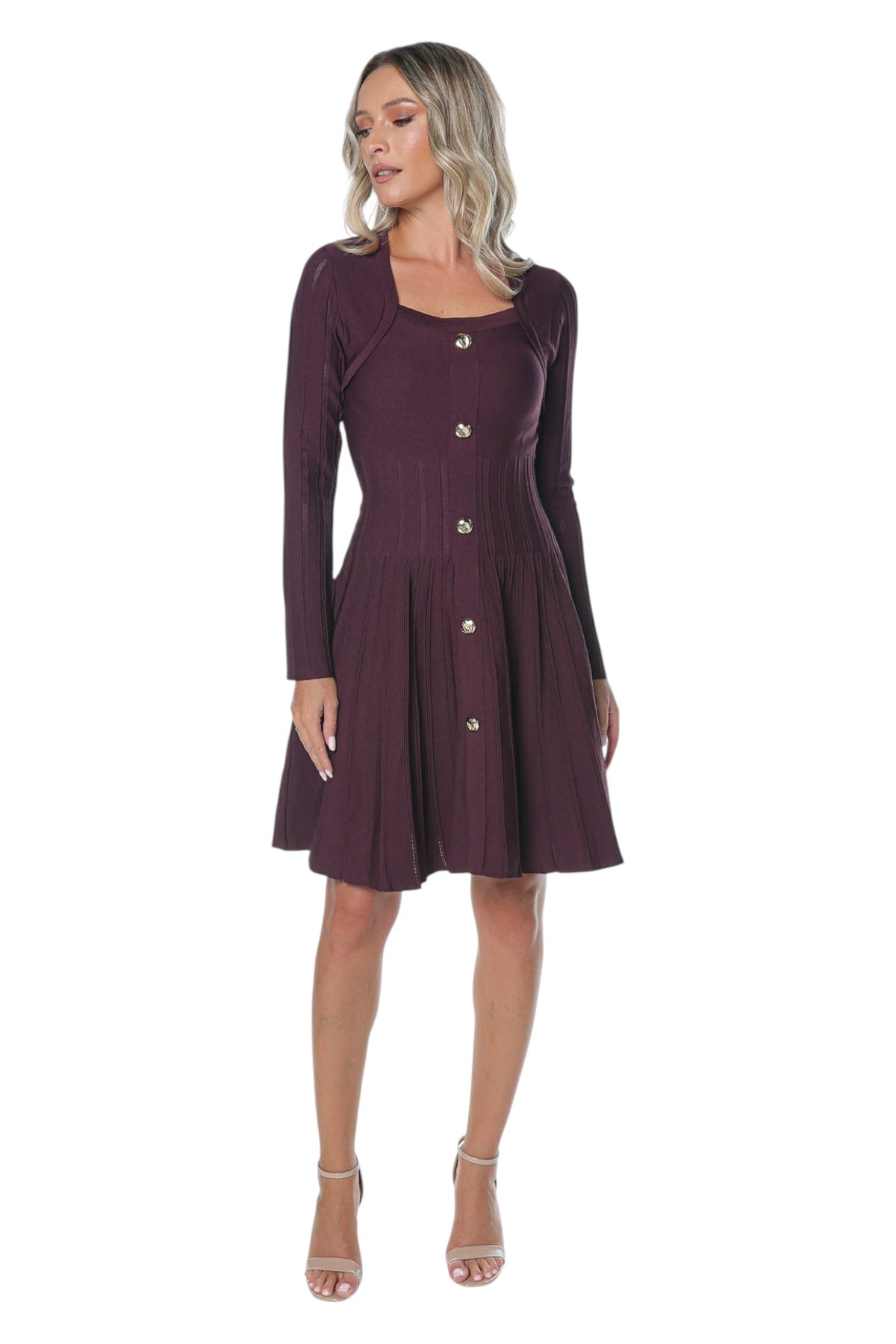 Rochie Casual Burgundy cu Nasturi Aurii