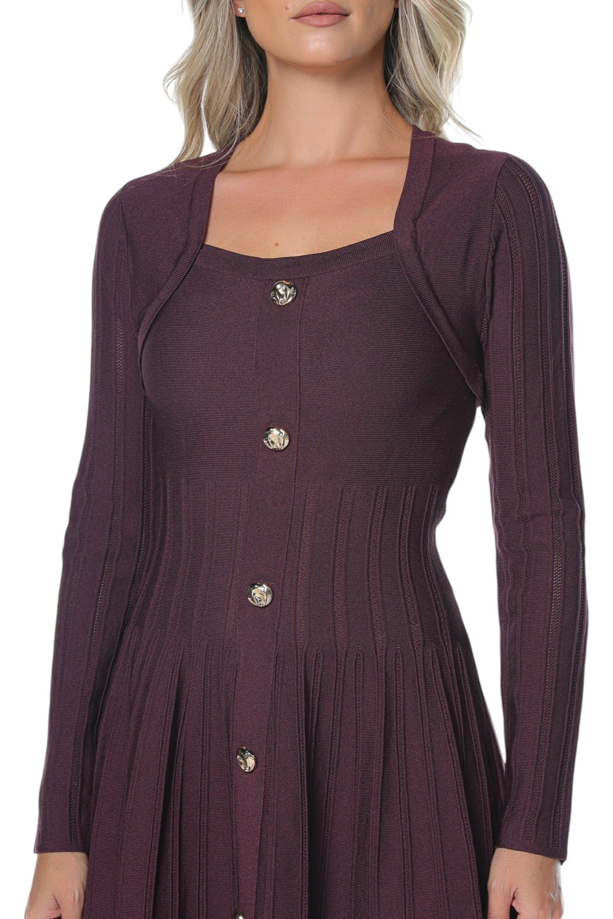 Rochie Casual Burgundy cu Nasturi Aurii