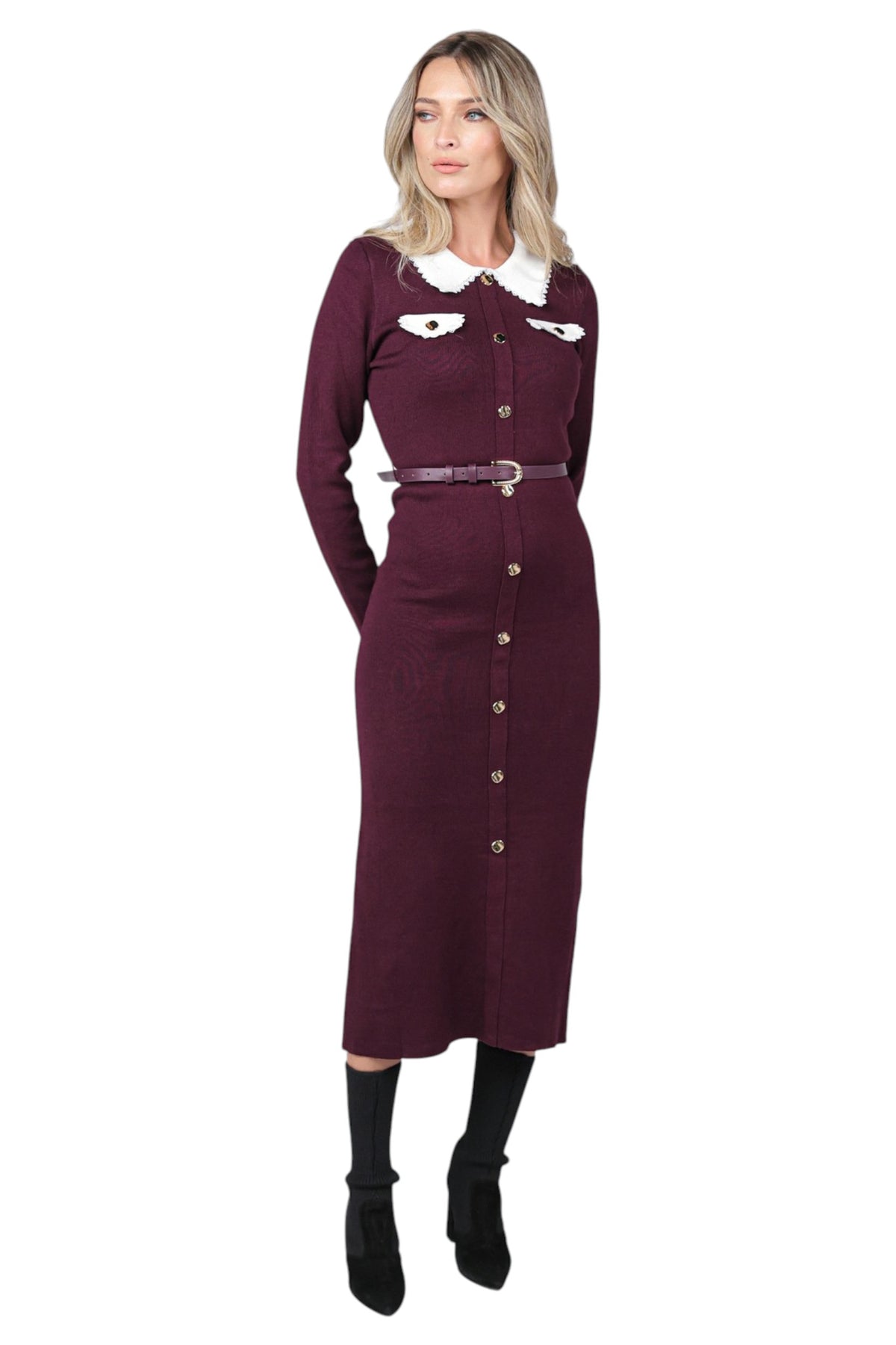 Rochie Casual cu Centura si Guler Alb