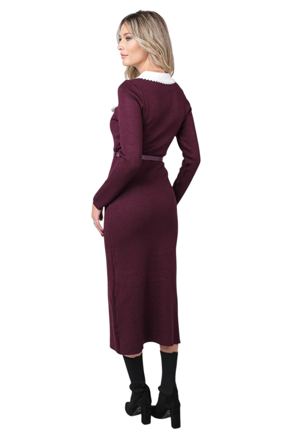 Rochie Casual cu Centura si Guler Alb