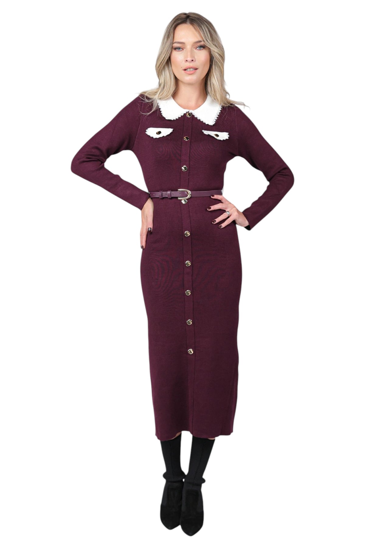 Rochie Casual cu Centura si Guler Alb