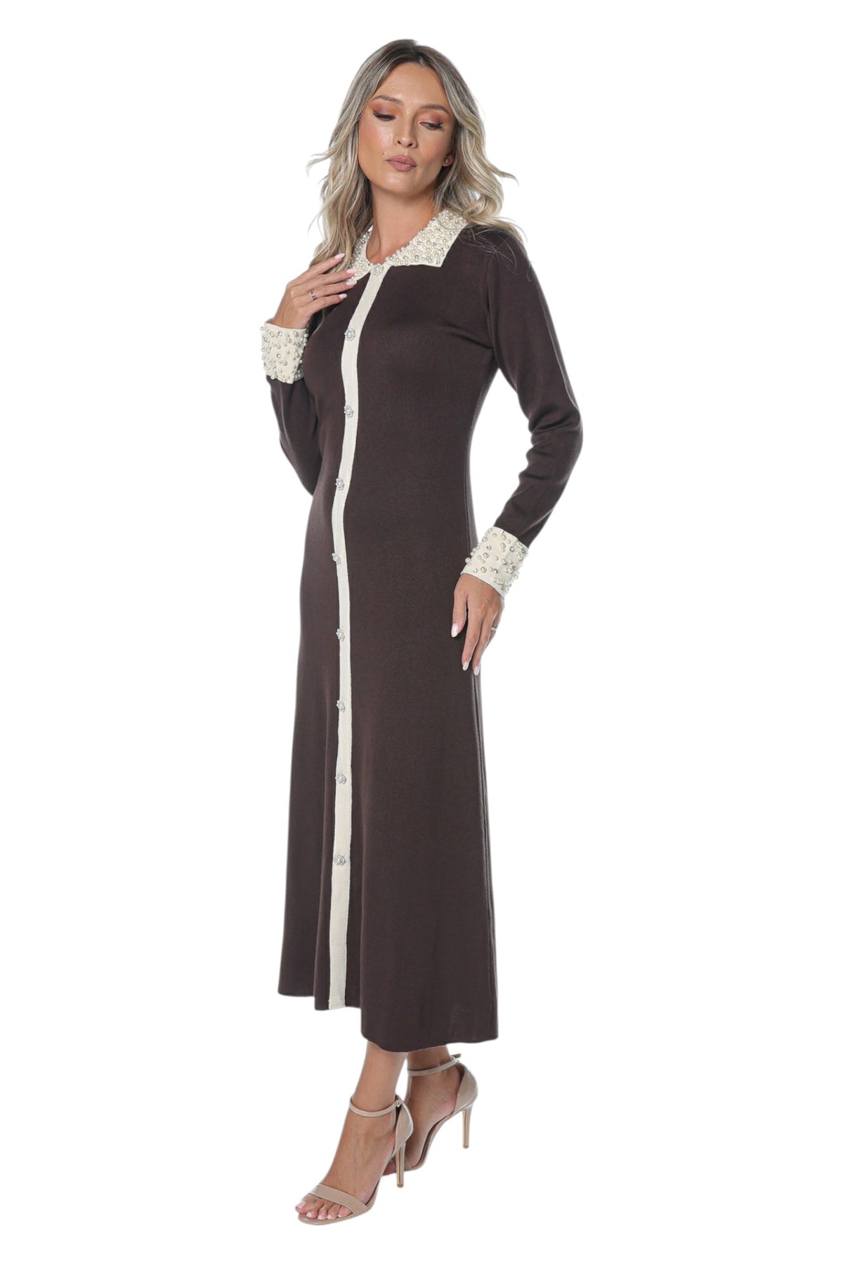 Rochie Conica cu Guler si Mansete din Perle