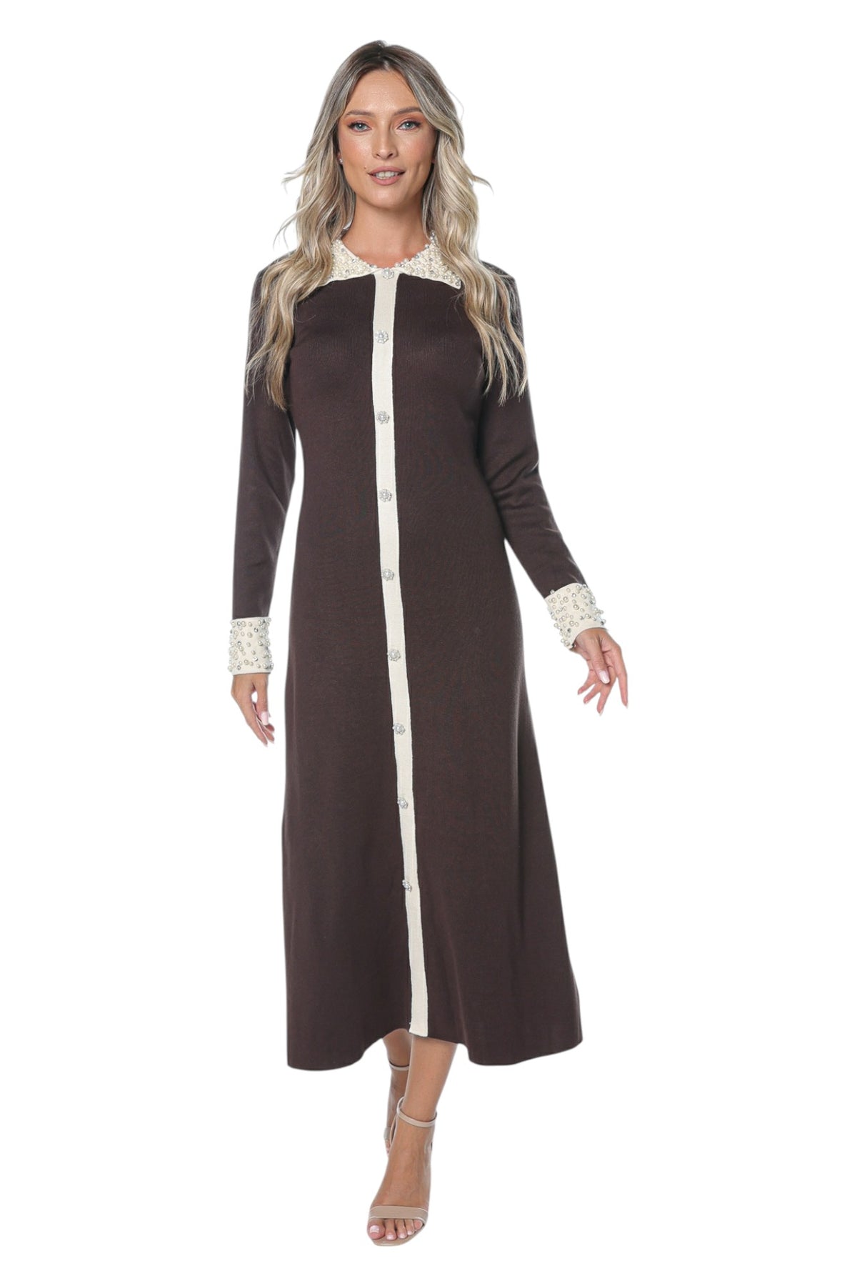 Rochie Conica cu Guler si Mansete din Perle