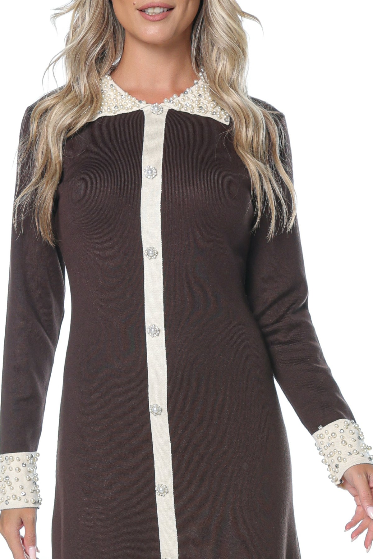 Rochie Conica cu Guler si Mansete din Perle