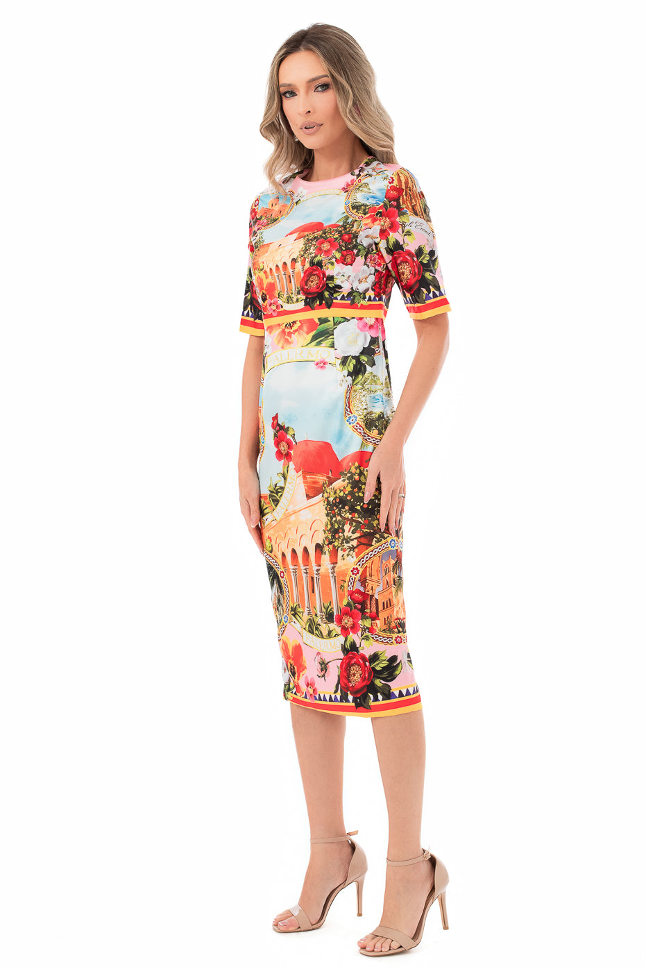 Rochie Conica cu Imprimeu Multicolor