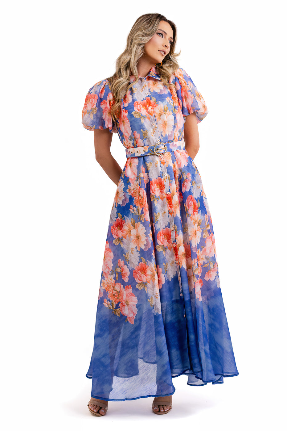 Rochie Din Organza Albastra Si Flori Corai