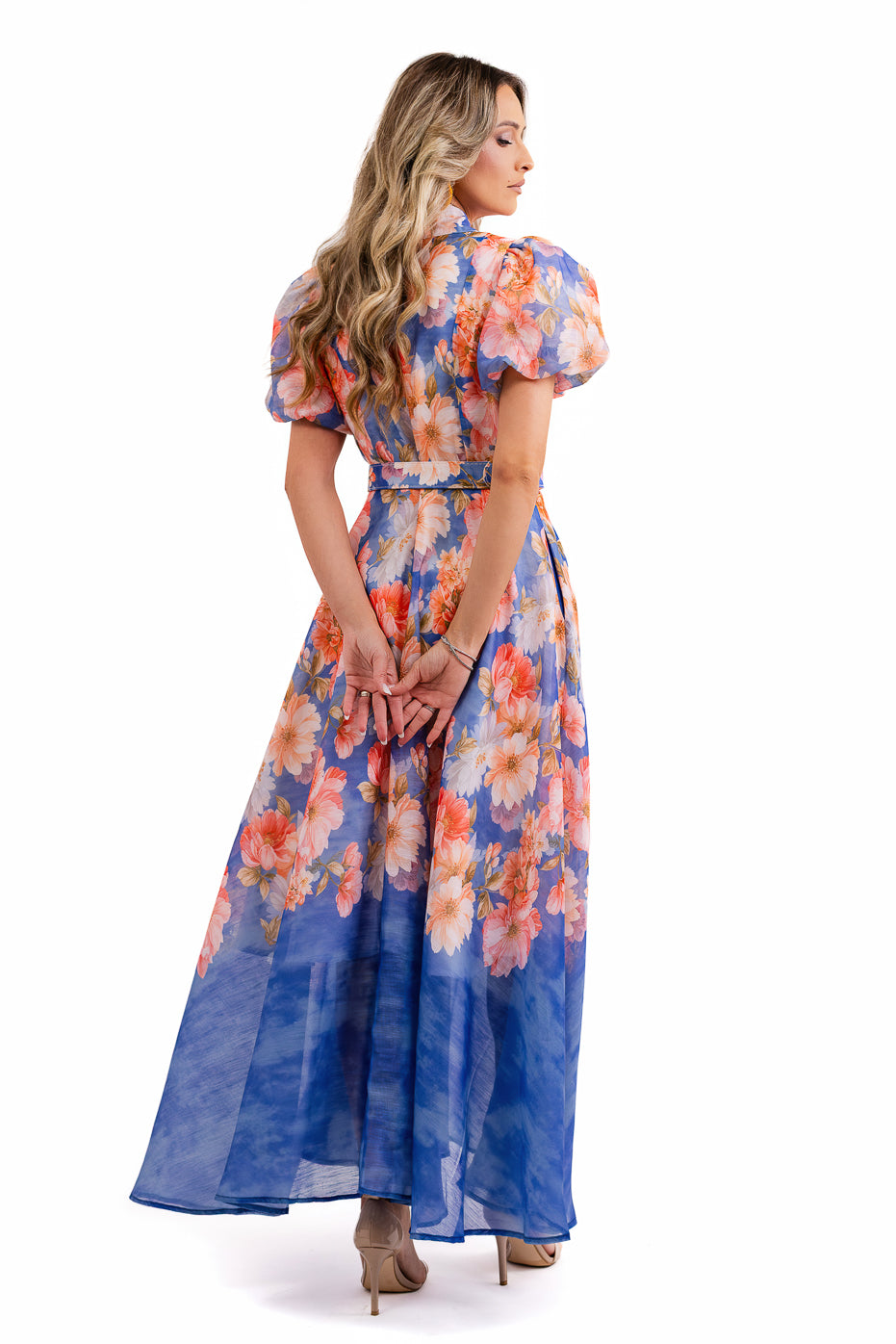 Rochie Din Organza Albastra Si Flori Corai