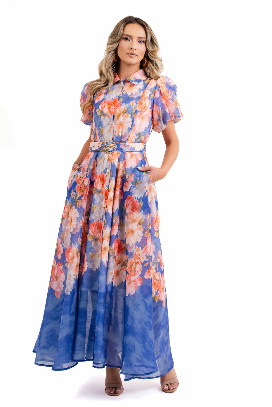 Rochie Din Organza Albastra Si Flori Corai