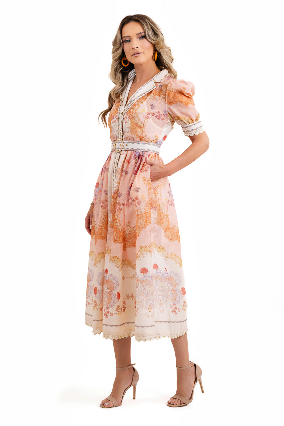 Rochie Din Organza Cu Centura In Talie Si Maneci Bufante