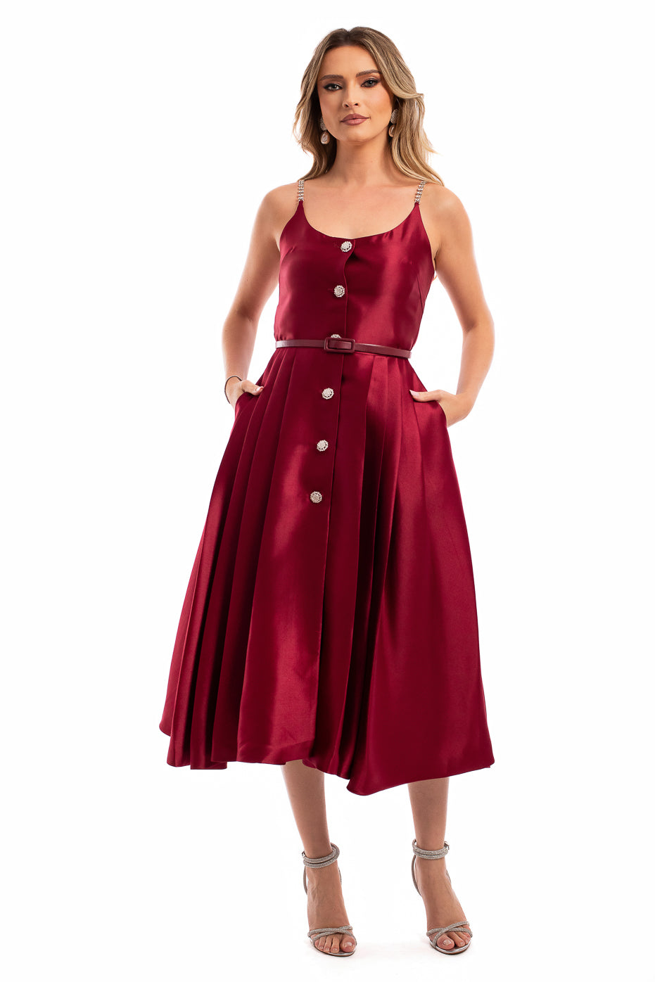 Rochie Eleganta cu Nasturi Bijuterie