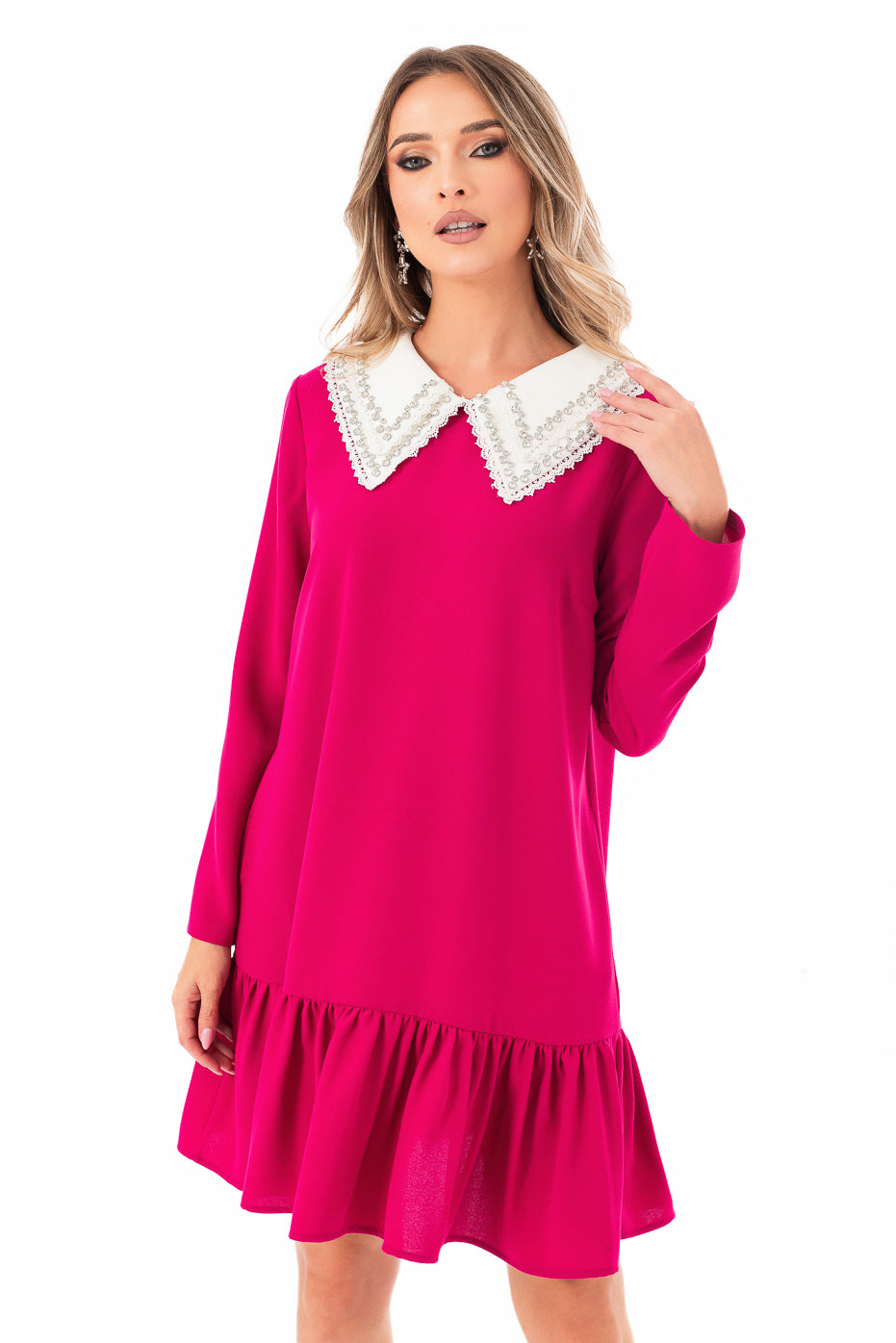 Rochie Fucsia cu Guler Alb