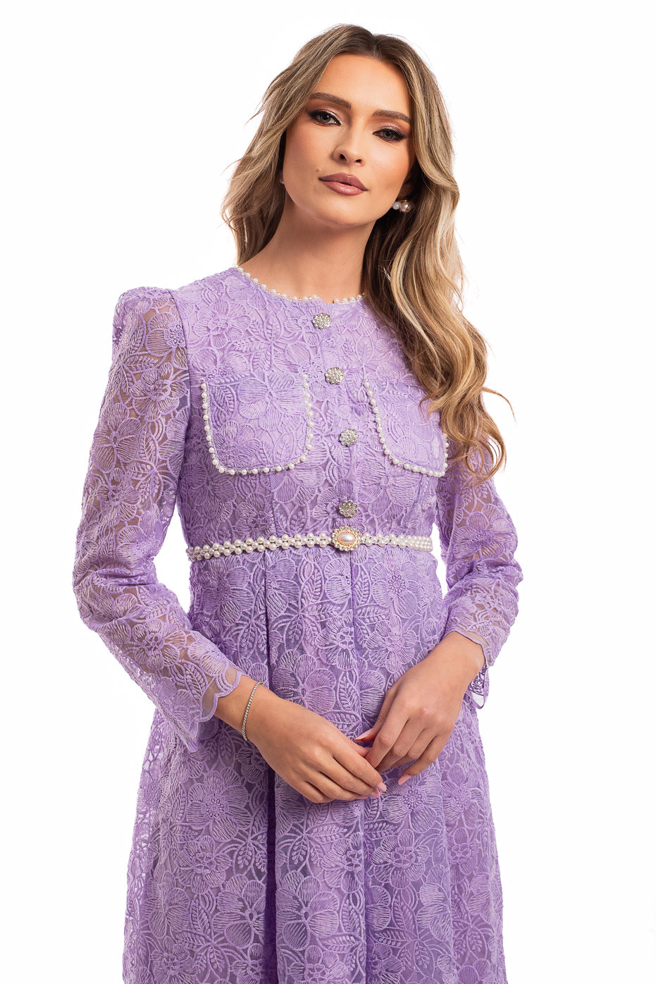 Rochie Lila din Dantela cu Centura din Perle