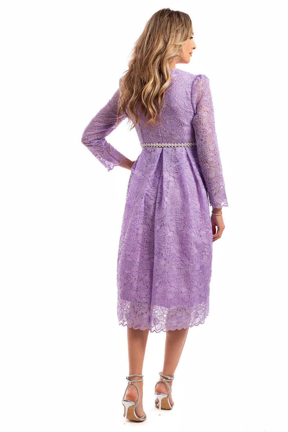 Rochie Lila din Dantela cu Centura din Perle