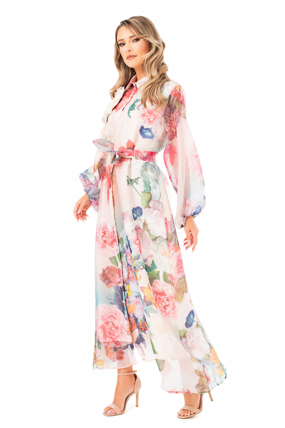 Rochie Lunga din Organza cu Imprimeu