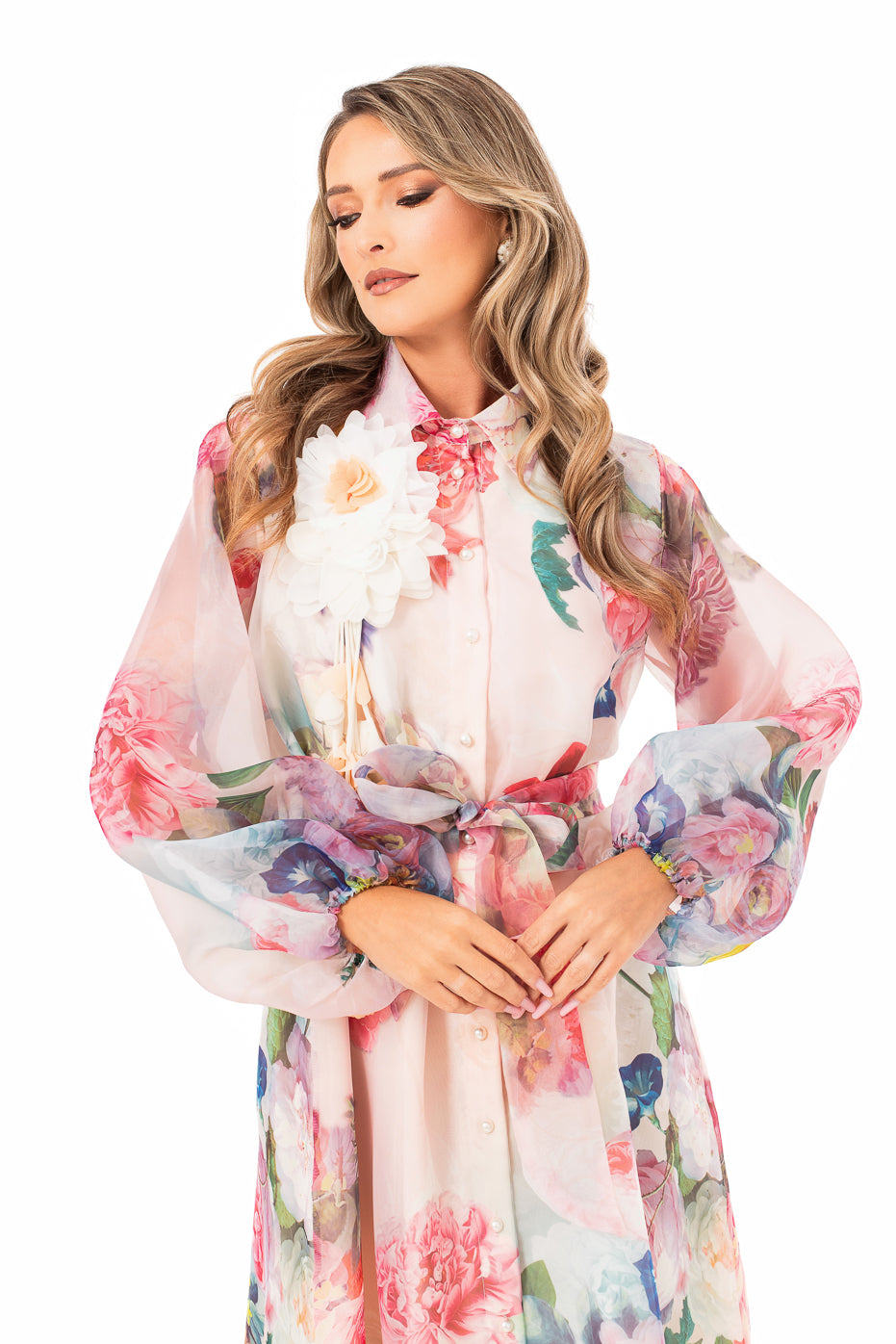 Rochie Lunga din Organza cu Imprimeu